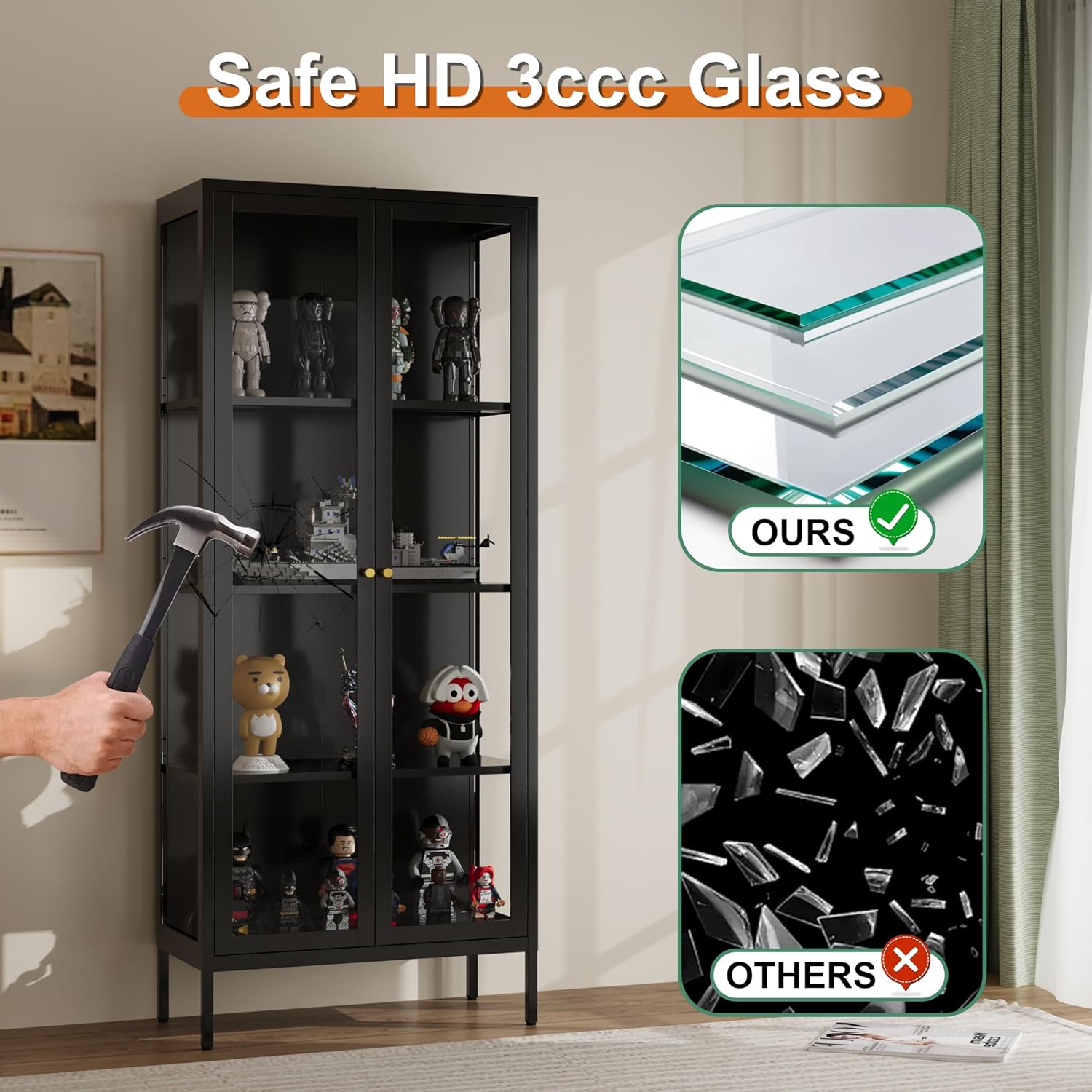 Glass Display Cabinet 4-Tier,66' H Metal Curio Cabinet with Glass Doors and 3 Adjustable Shelves,Display Case for Collectibles,Living Room (No Lights, Black)