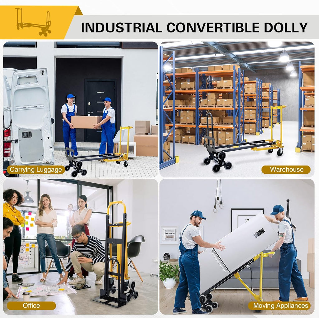 1000 LBS Industrial Convertible Hand Truck,3 in 1 Stair Climbing Dolly Cart,Stair Dolly Climber Heavy Duty with Solid Wheels for Moving,Transport in Warehouse,Office(Yellow)