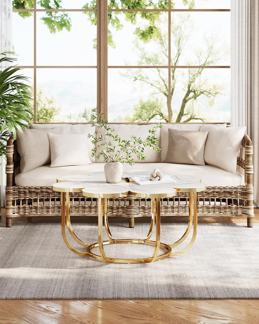LITTLE TREE 39.37-Inch White and Gold Coffee Table, Modern Flower-Shaped Center Table with Faux Marble Top & Metal Frame, Floral Accent Coffee Table for Living Room, Bedroom, Lounge
