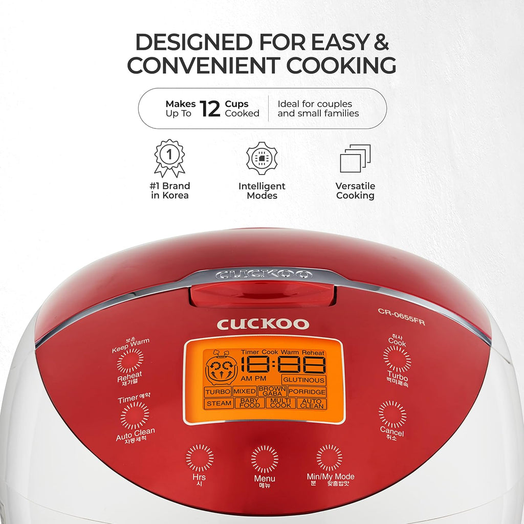 CUCKOO Micom Rice Cooker 6 Cup Uncooked / 12 Cup Cooked, Fuzzy Logic Rice Maker with Delay Timer & Keep Warm Setting, Versatile Food Steamer for Cooking, Non-Stick Inner Pot, Red (CR-0655F)
