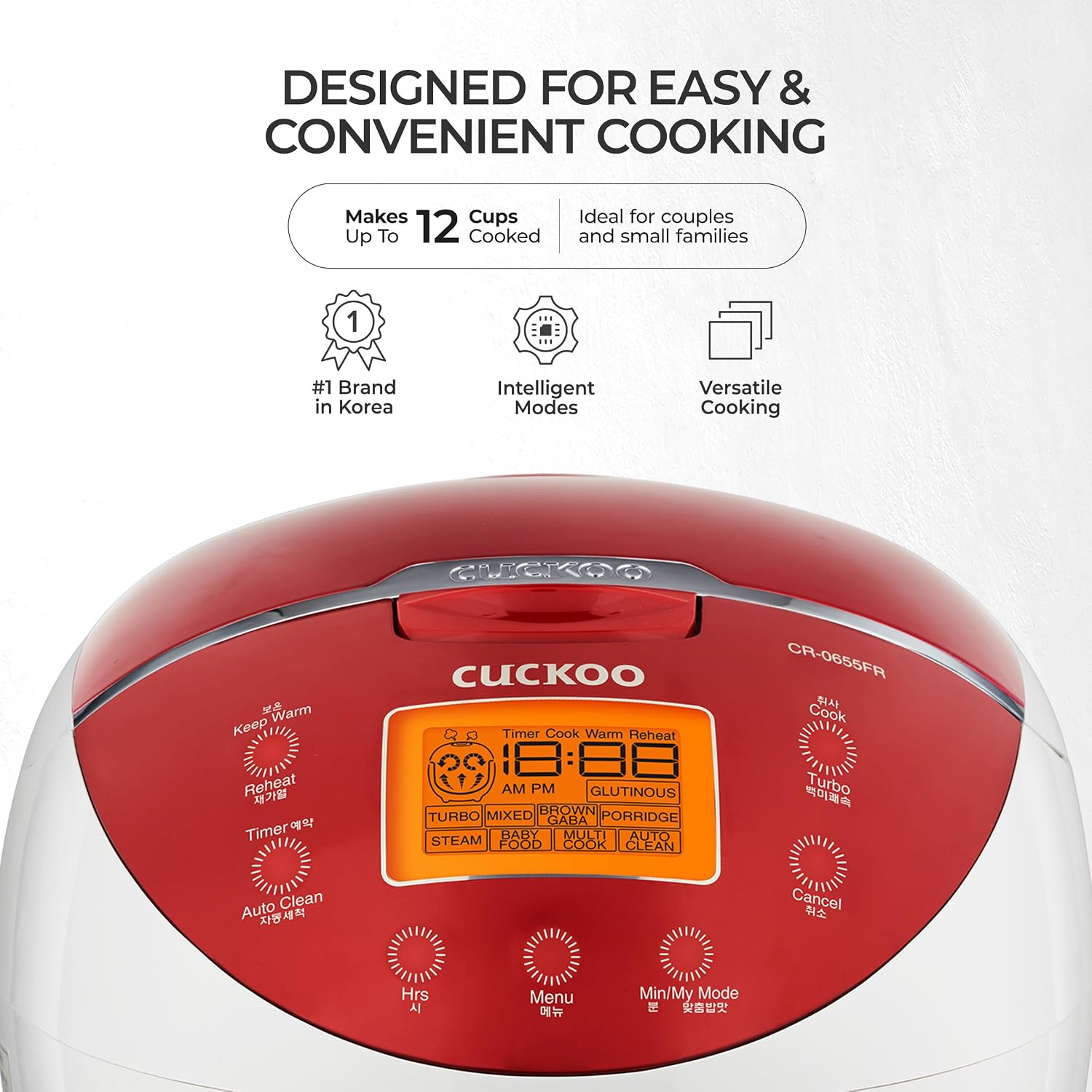 CUCKOO Micom Rice Cooker 6 Cup Uncooked / 12 Cup Cooked, Fuzzy Logic Rice Maker with Delay Timer & Keep Warm Setting, Versatile Food Steamer for Cooking, Non-Stick Inner Pot, Red (CR-0655F)