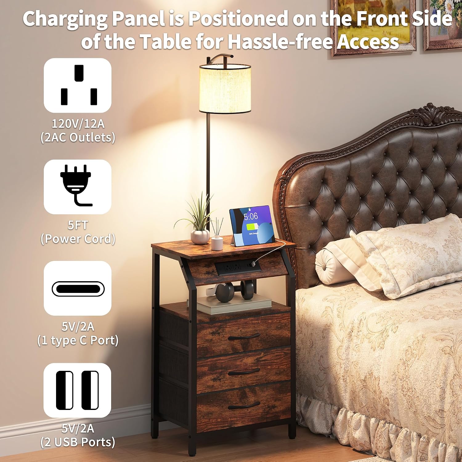 End Table with Floor Lamp Set of 2, Nightstand with Charging Station, Floor Lamp Table with 3-Color Temperature Bulb, Bedside Table Night Stand with 3 Drawers for Bedroom, Living Room, Retro