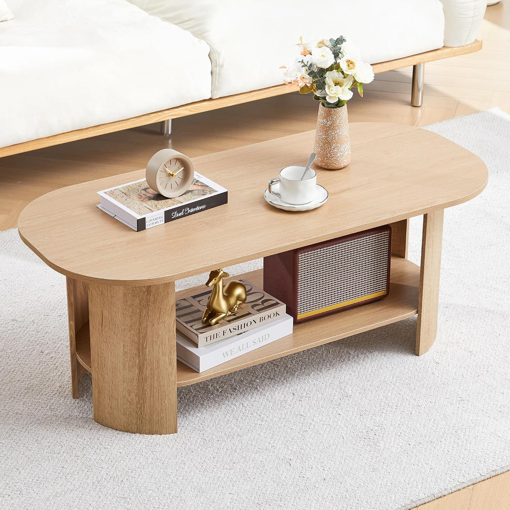 Oval Coffee Table for Living Room, 43.3' Farmhouse Coffee Tables with Storage, 2-Tier Wood Center Table with Storage Shelf Low Tea Table for Small Space, Home, Office, Easy Assembly (Natural)
