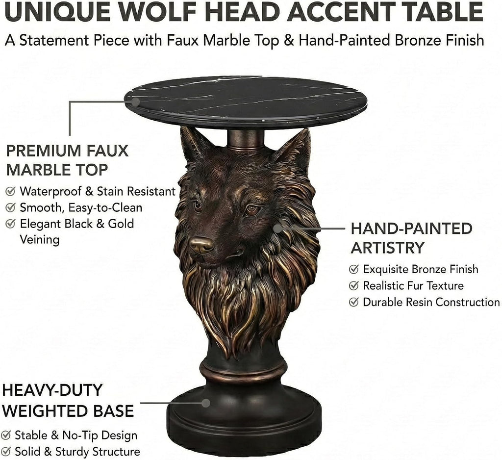 Wolf Head Sculptural Side Table with Faux Marble Top, 17.71' Round Resin Animal End Table, 25.2' H Unique Wolf Statue Decor for Living Room & Office, Gothic Housewarming Gift