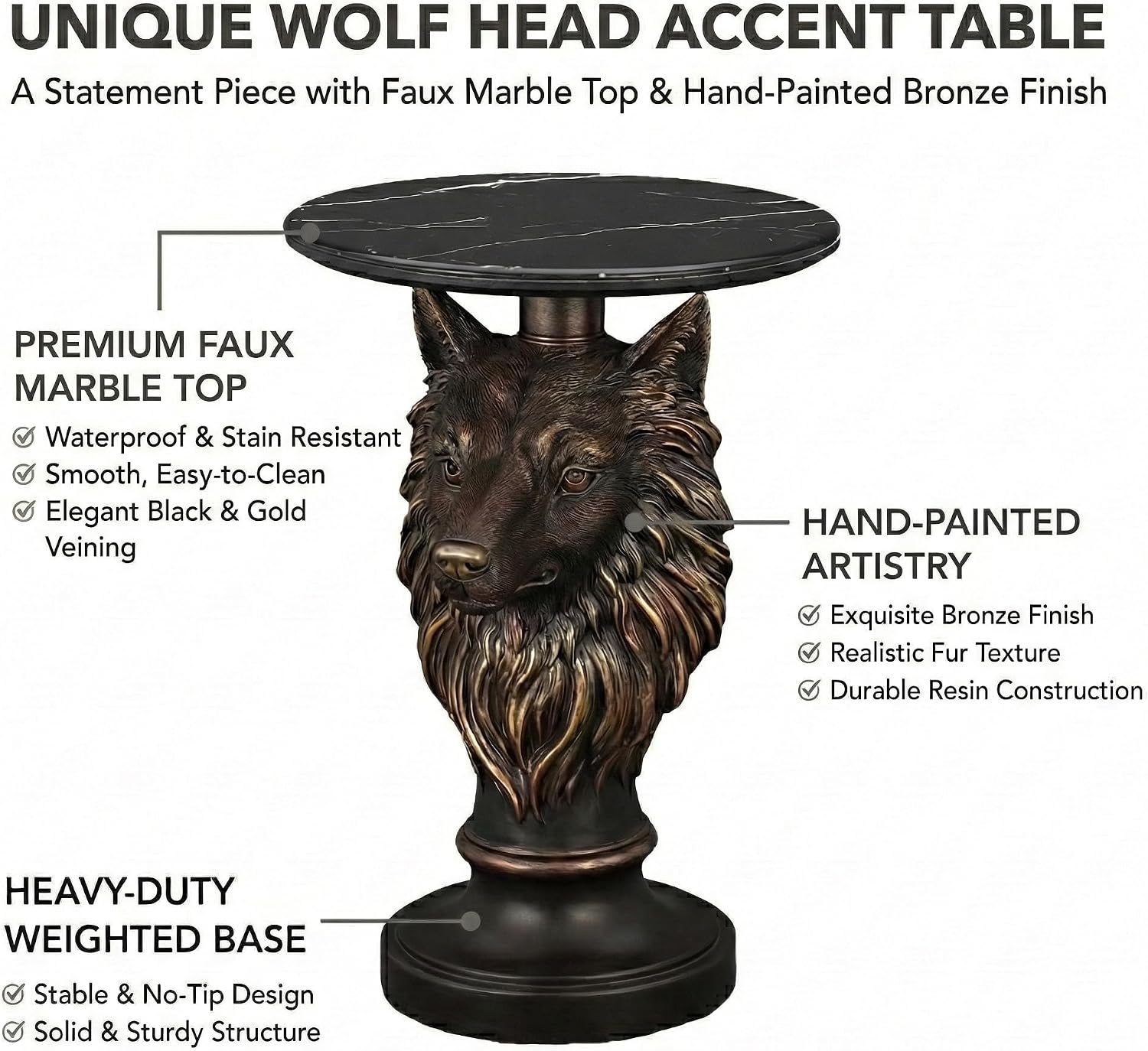 Wolf Head Sculptural Side Table with Faux Marble Top, 17.71' Round Resin Animal End Table, 25.2' H Unique Wolf Statue Decor for Living Room & Office, Gothic Housewarming Gift