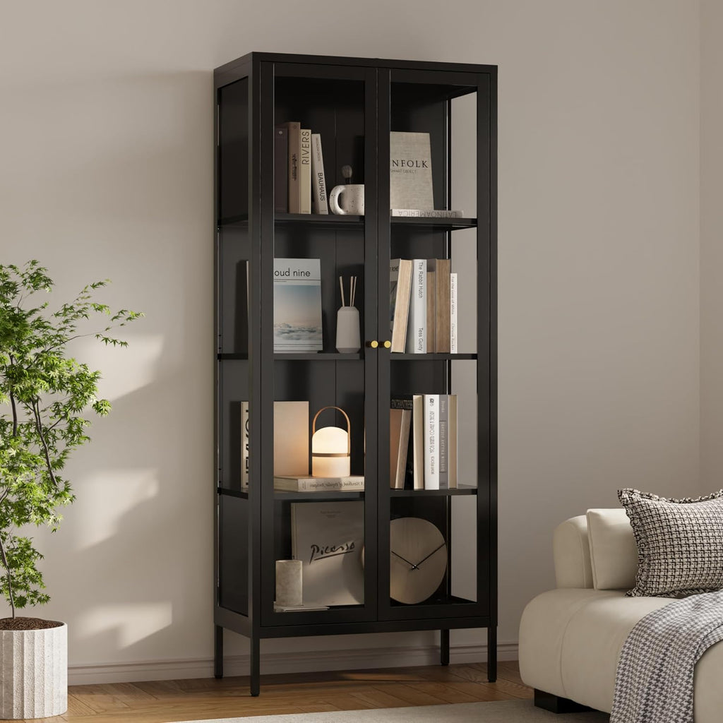 Glass Display Cabinet 4-Tier,66' H Metal Curio Cabinet with Glass Doors and 3 Adjustable Shelves,Display Case for Collectibles,Living Room (No Lights, Black)