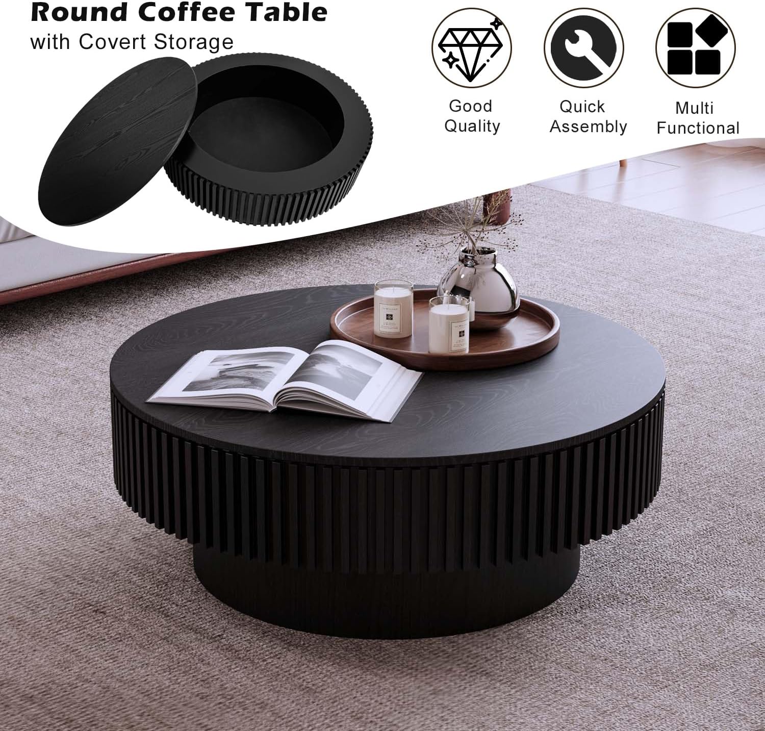 Round Coffee Table with Storage, Modern Wooden Coffee Table with Solid Wood Veneered, Circle Center Table Accent Tea Table for Living Room Apartment Small Space (31.5''L × 31.5''W × 14''H, Black)