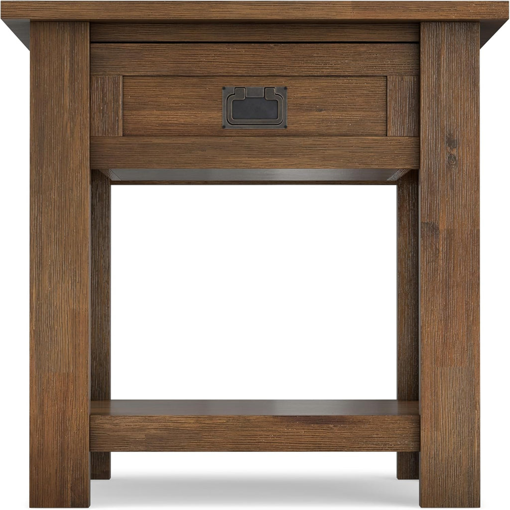 SIMPLIHOME Monroe End Table - 22 inch Wide Solid Acacia Wood Side Table in Rustic Natural Aged Brown, Farmhouse Accent Table for Living Room or Bedroom with Drawer and Shelf