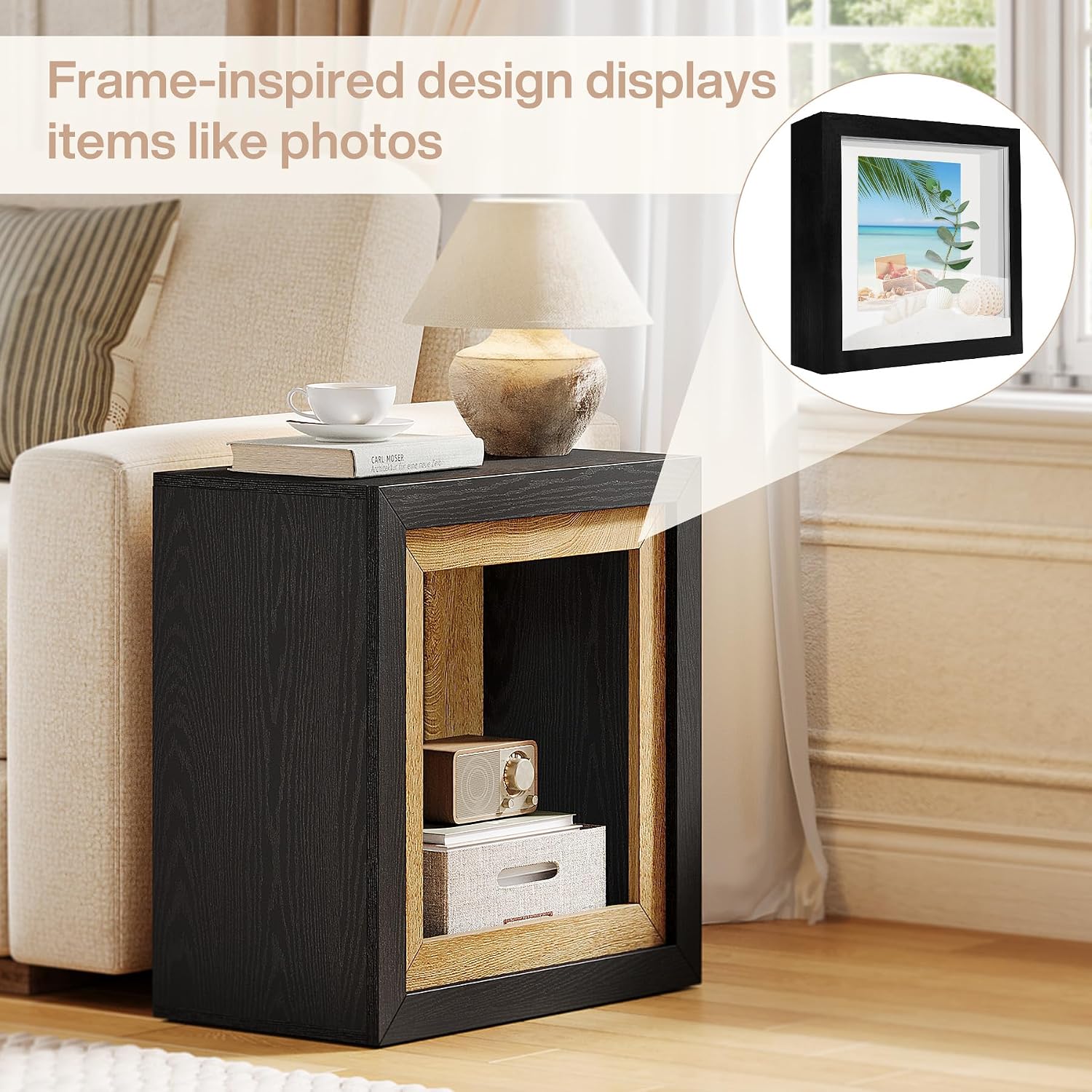 Tribesigns Modern End Table Set of 2 with Frame-Inspired Design, Industrial Wood Set 2 Cube Side Table with Large Storage Shelf, Sofa Couch Tables Accent for Living Room, Entrance