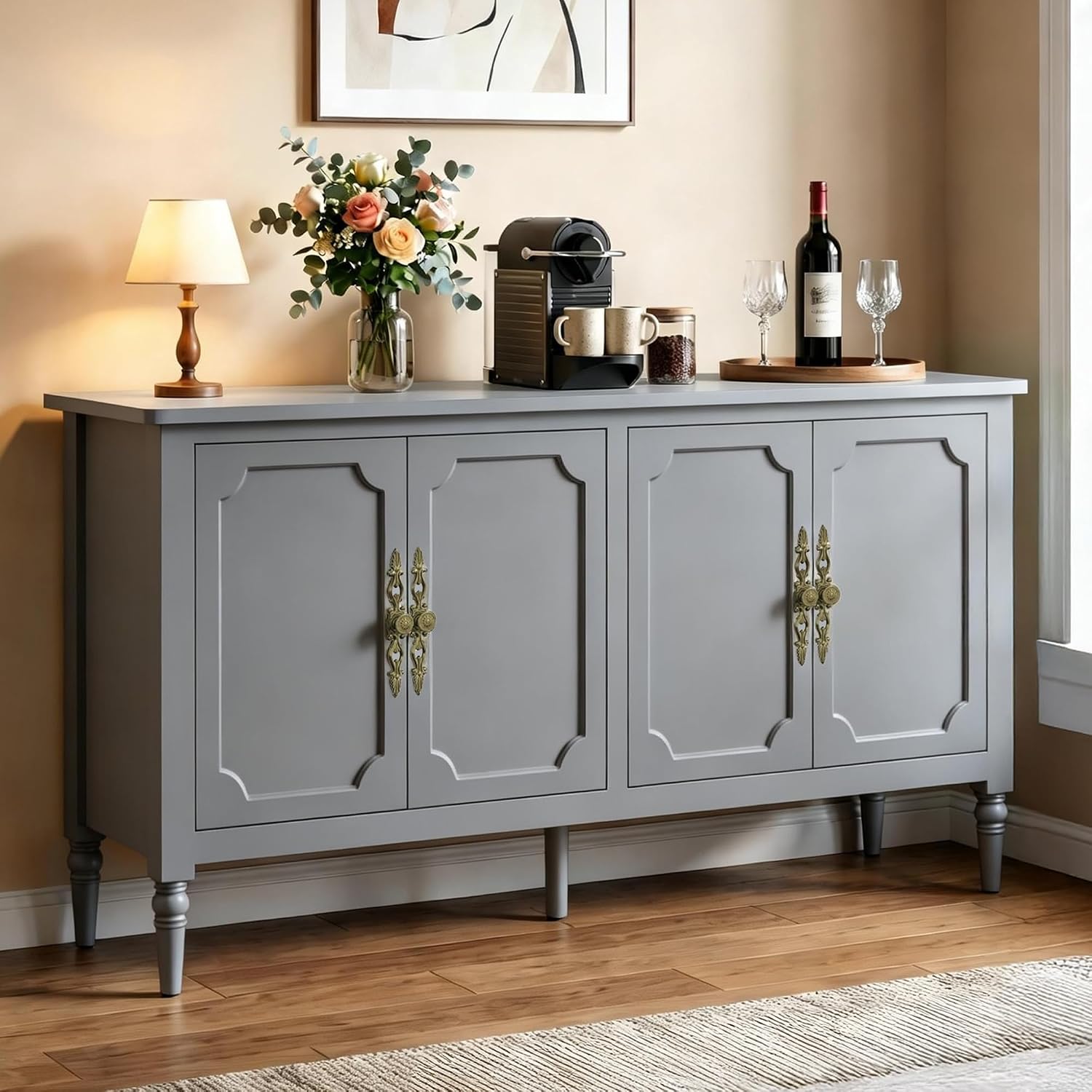 RoyalCraft Buffet Cabinet with Storage, 59' Vintage Sideboard with Adjustable Shelves, Mid Century Modern Painted Credenza Coffee Bar for Kitchen, Dining Room, Entryway, Living Room, Dove Gray
