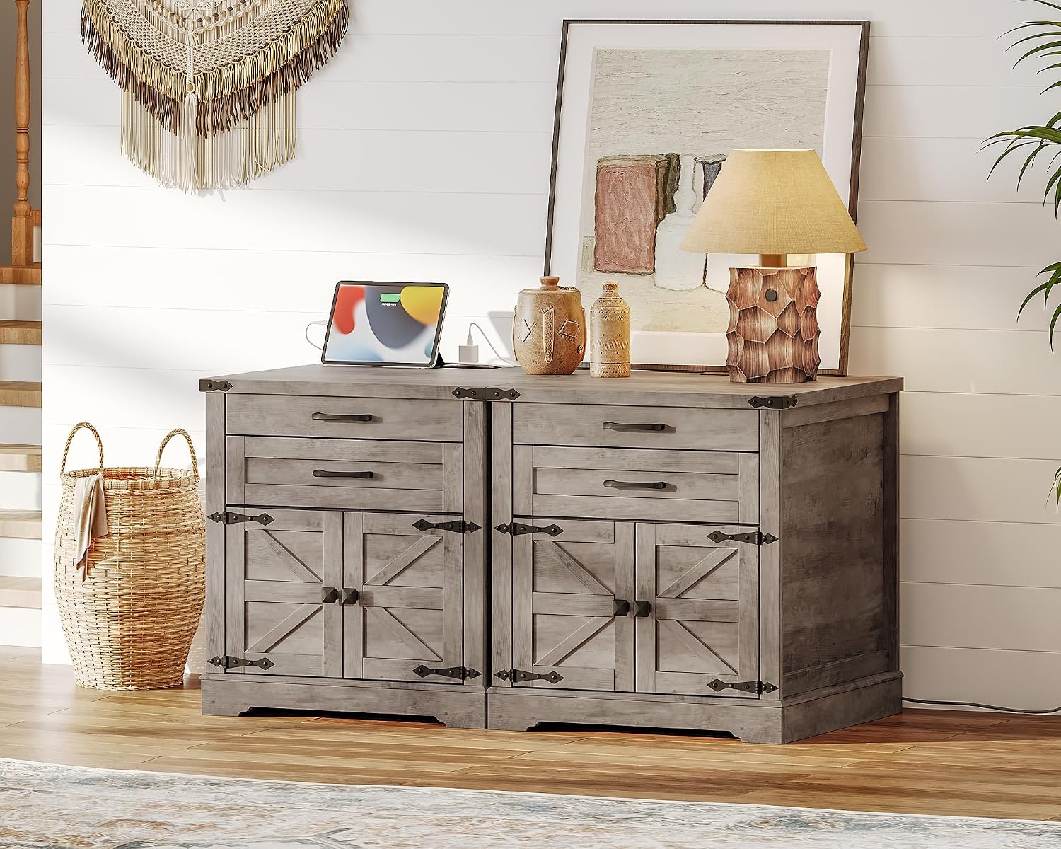 RALGEND Farmhouse End Table Set of 2, 24'' Sofa Side Table with 2 Drawers and Barn Door, Large Rustic Wooden Square Nightstand for Bedroom, Living Room, Greige