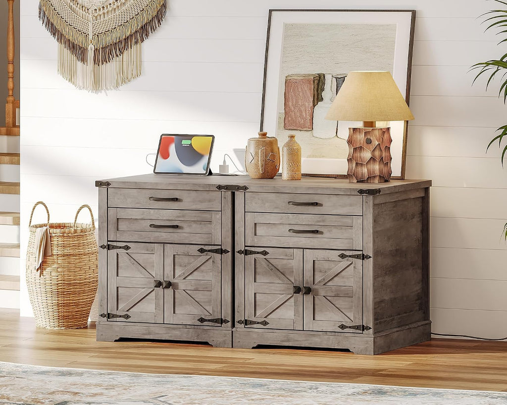 RALGEND Farmhouse End Table with Charging Station, 24'' Sofa Side Table with 2 Drawers and Barn Door, Large Rustic Wooden Square Nightstand for Bedroom, Living Room, Greige