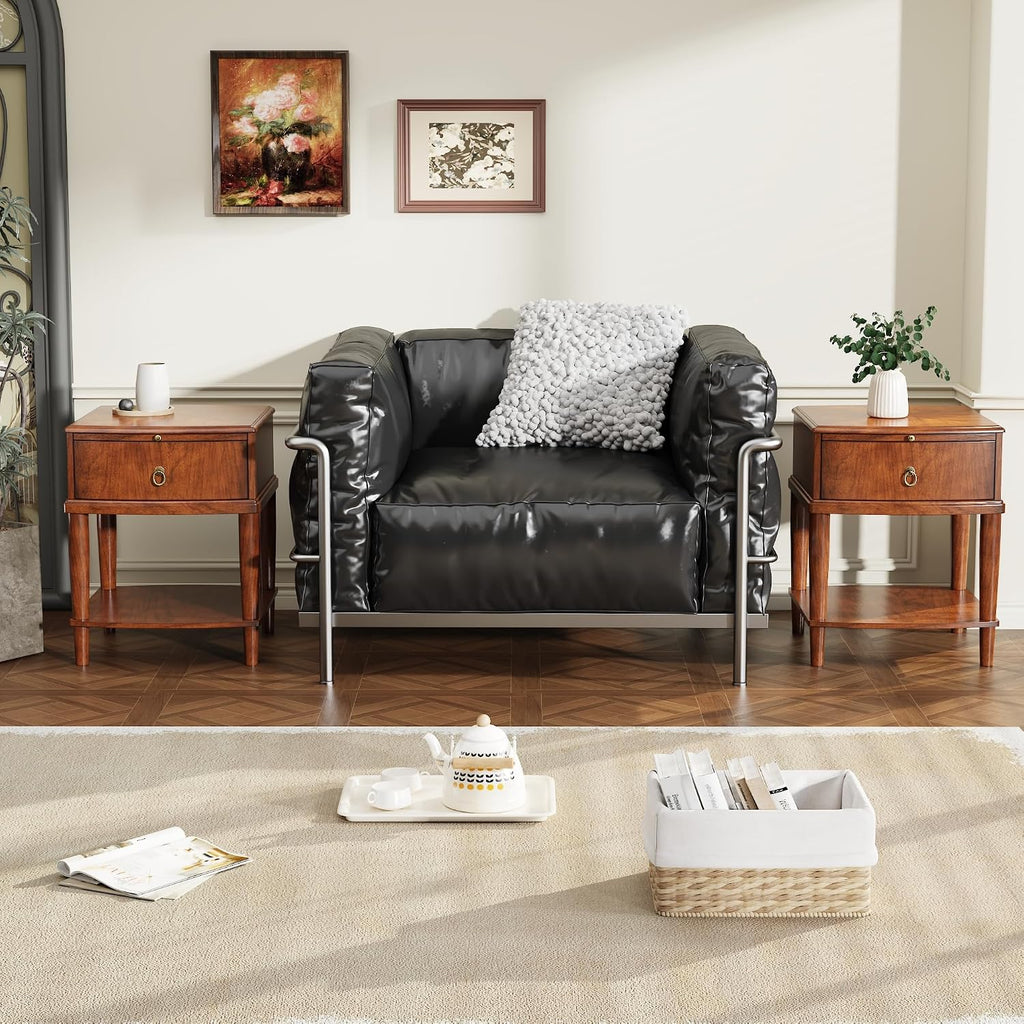 Set of 2Wood Side End Table with Tray Extension and Storage Drawers,Sofa Side Table with Round Legs,No-Tools Assembly,Telephone Table for Living Room,17.7'L x 19.7'W x 22.8'H Beeswax CJZ-A1569-MG