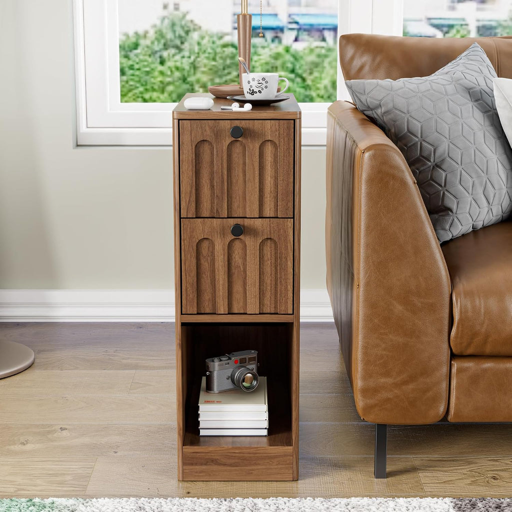 Narrow Walnut Nightstand Set of 2, Small Bedside Table with Arched Drawer, Wood Nightstand, Skinny Side End Table, Mid Century Modern Night Stand for Bedroom, Small Spaces, Slim, Vintage