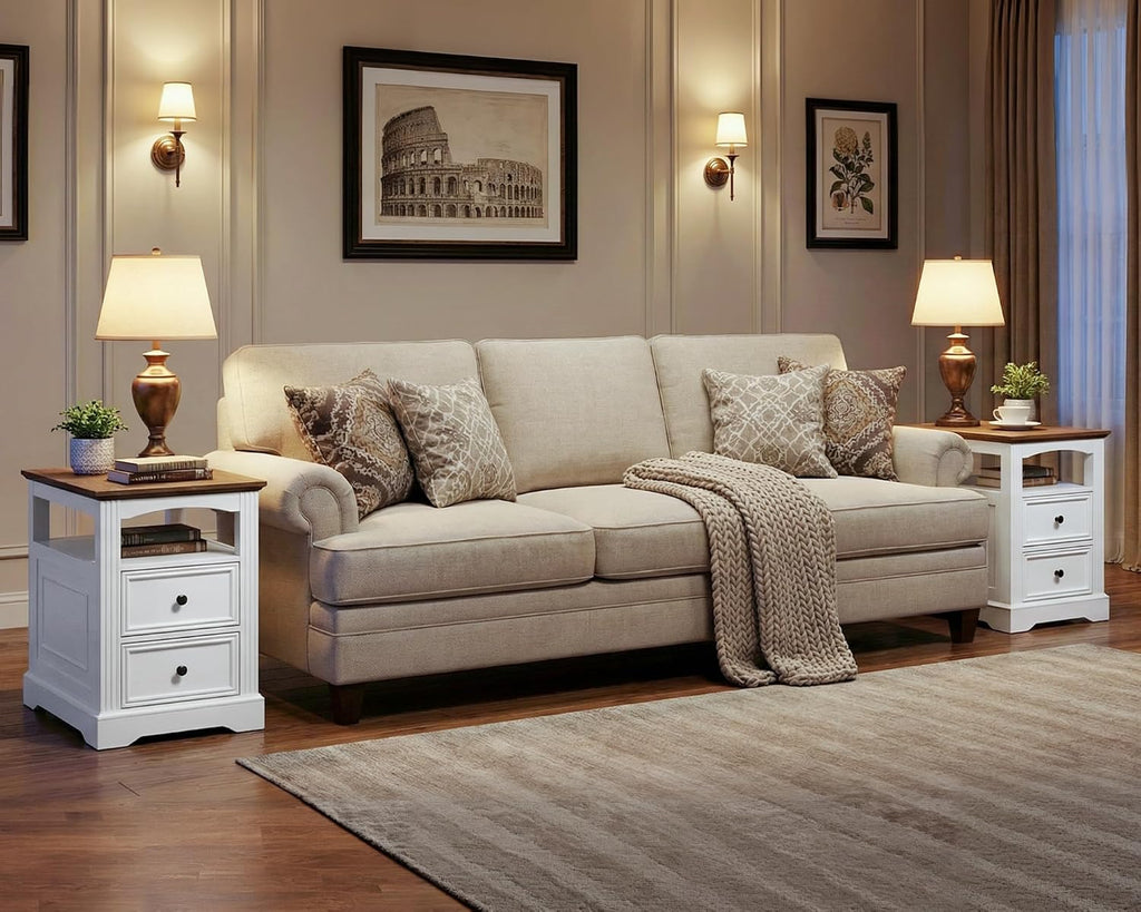 RALGEND Farmhouse End Table Set of 2, Narrow Sofa Side Table with 2 Drawers and Open Shelf, Wooden Nightstand with Storage for Small Spaces, Bedroom, Living Room, White and Walnut