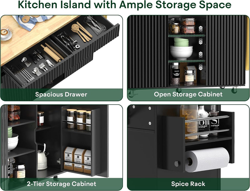 43.3' x 29.5' Kitchen Island with Drop Leaf, Rolling Kitchen Island on Wheels with Removable Trash Bag, Kitchen Island Cart with Storage Cabinet, Drawers & Spice Rack, Black