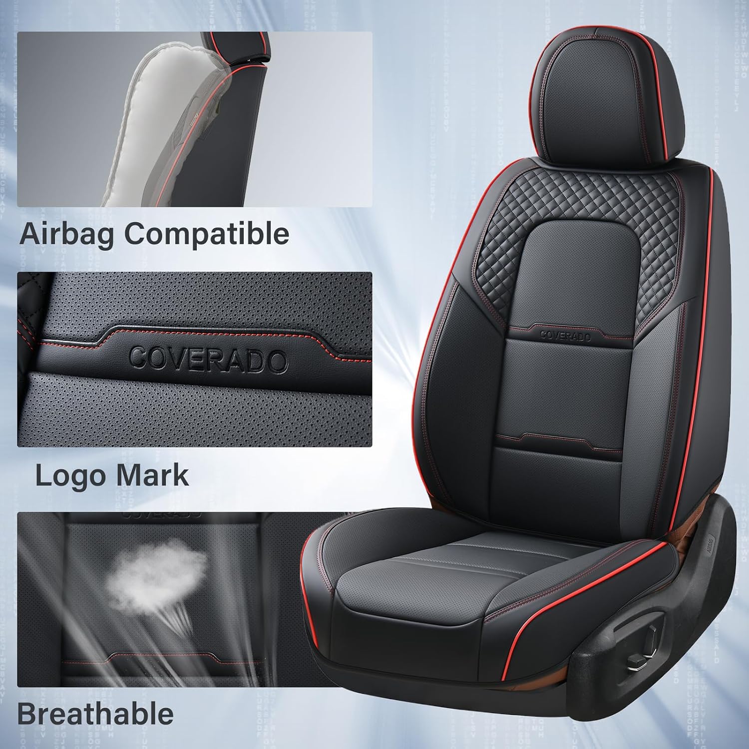 Coverado Car Seat Covers Full Set, 5 Piece Car Seat Protector with Removable Headrest, Nappa Leather Breathable Front Rear Seat Cushion Side All Wrapped Universal Fit Truck Most Cars Black & Red