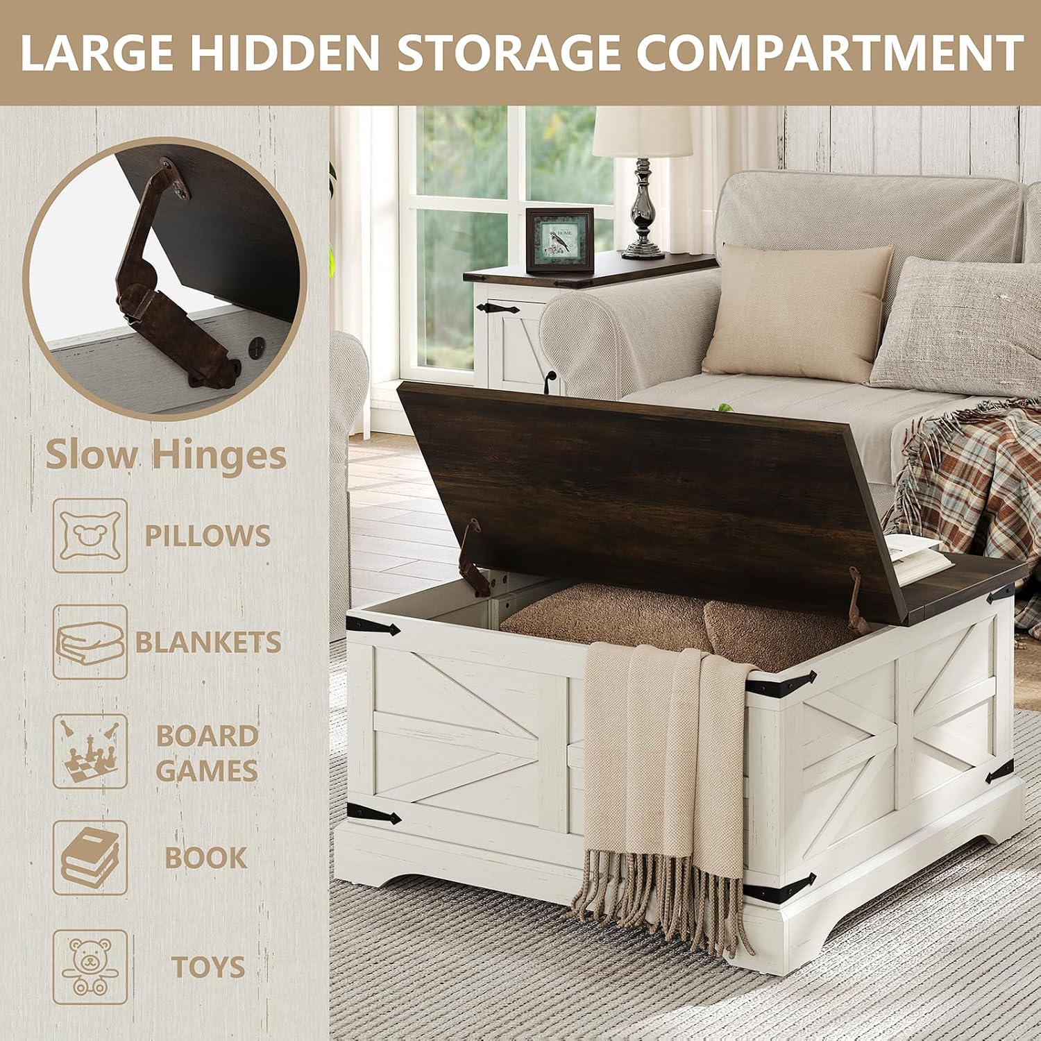 Furnideco Farmhouse Lift Top Coffee Table, Square Wood Center Table with Large Hidden Storage Compartment for Living Room, Rustic Cocktail White Modern Table with Hinged Lift Top, Brown Top