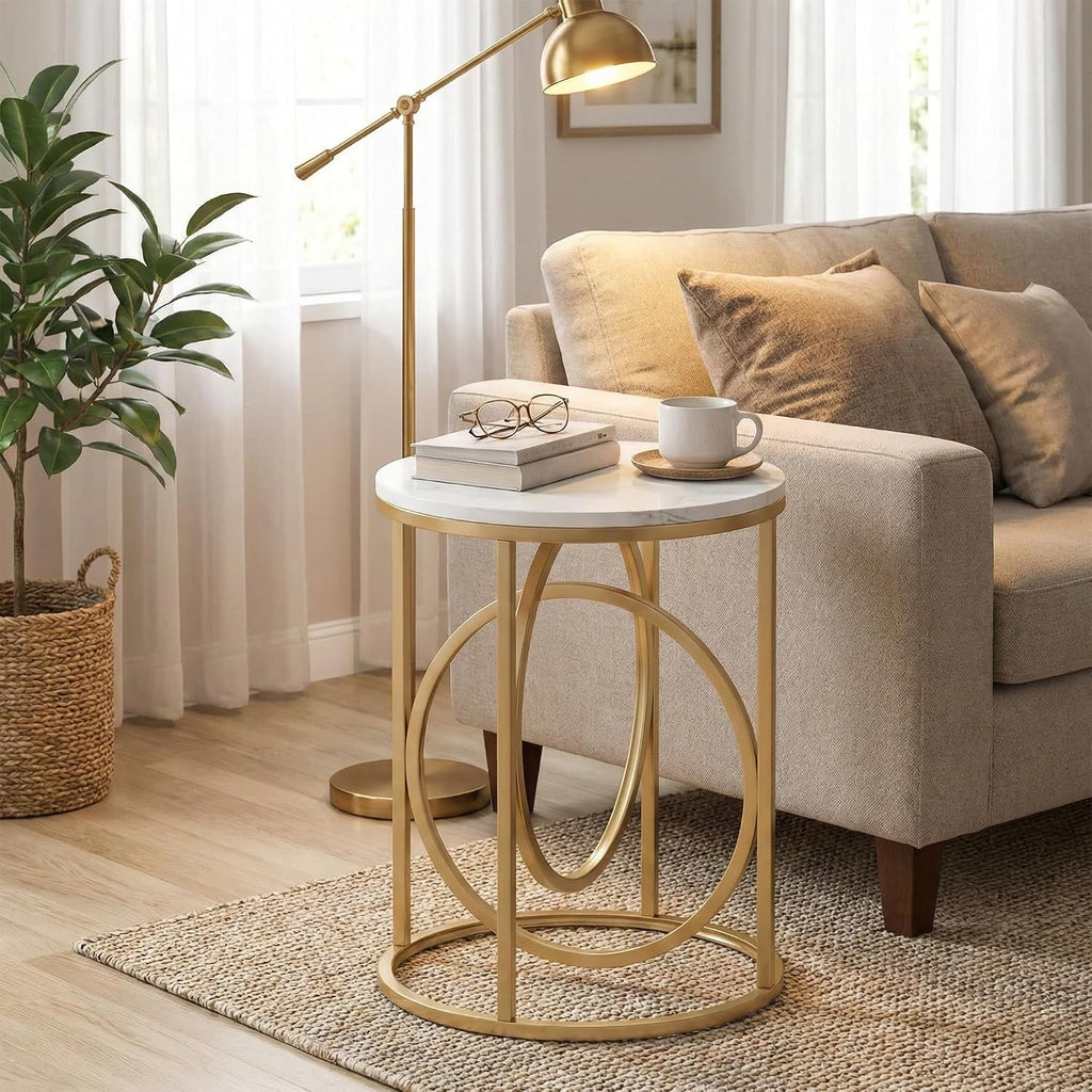 LITTLE TREE 20' Round End Table，Modern Sofa Side Table with Gold O-Shaped Base, Faux Marble White Cocktail Table Accent Table Nightstand for Living Room Bedroom, 2PCS