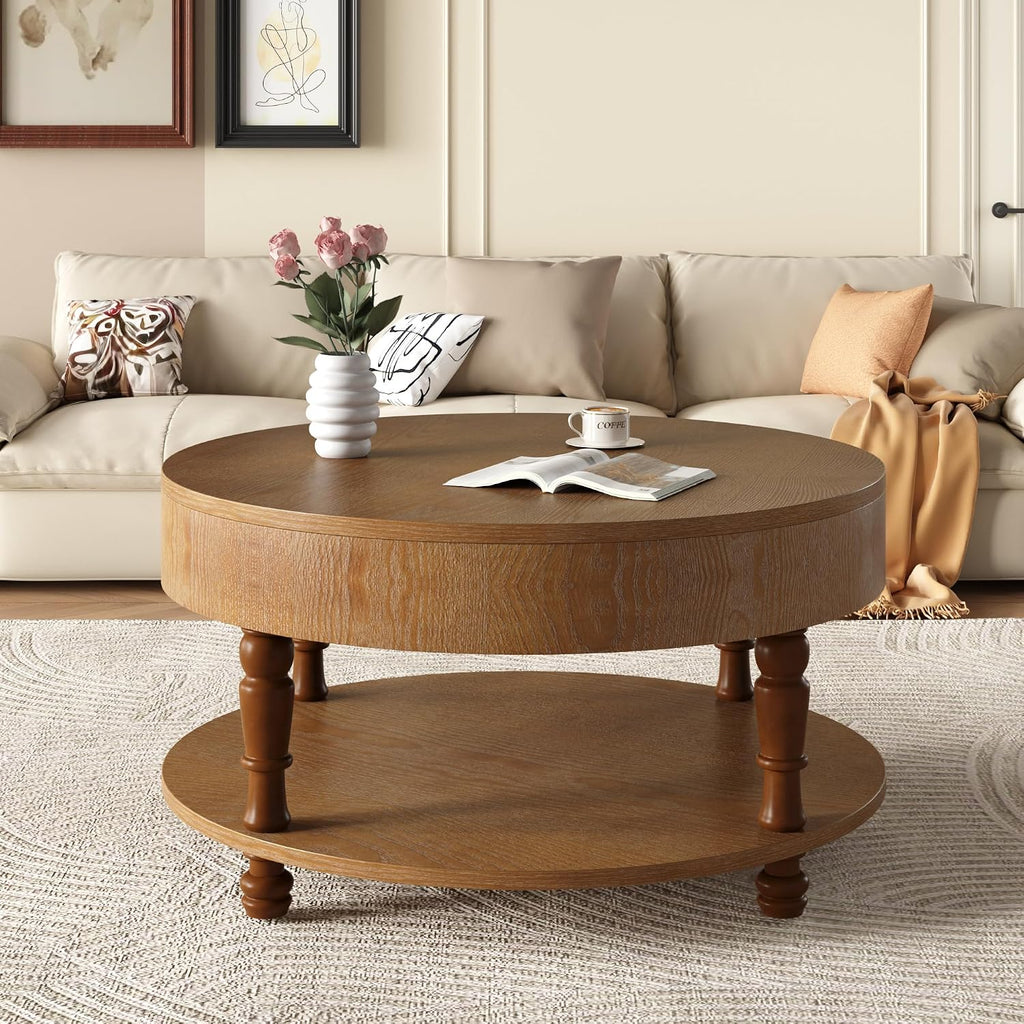 Hayzz Round Coffee Table with Storage 31.5 Inch, Modern Lift Top Accent Coffee Table with Hidden Compartment & Lower Shelf, Adjustable Leveling Feet, Easy Assembly for Living Room, Walnut Brown