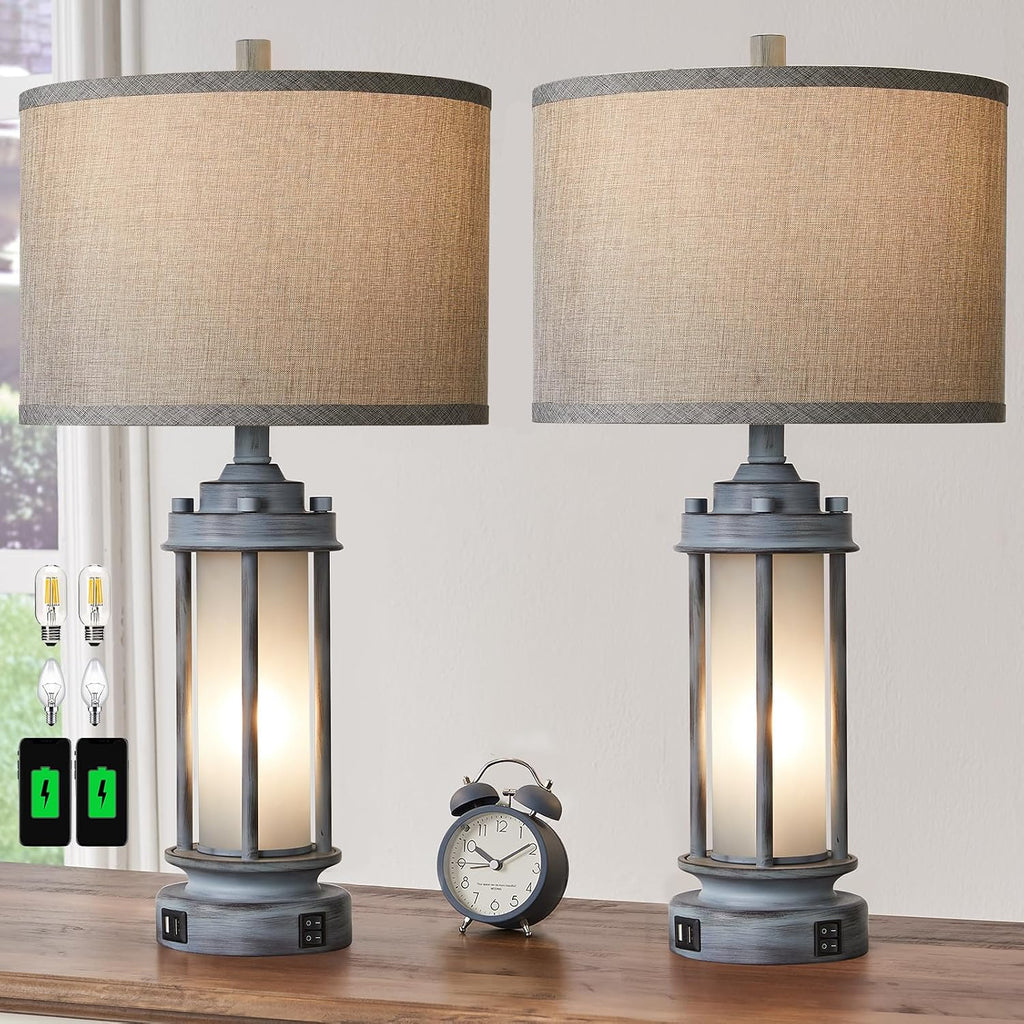 AIEAMPDO Set of 2 Rustic Table Lamps for Living Room, Farmhouse Vintage Nightstand Lamp with 2 USB Ports, Antique Retro Light Green Glass Night Light for Bedroom Entryway, 4 Bulbs Included