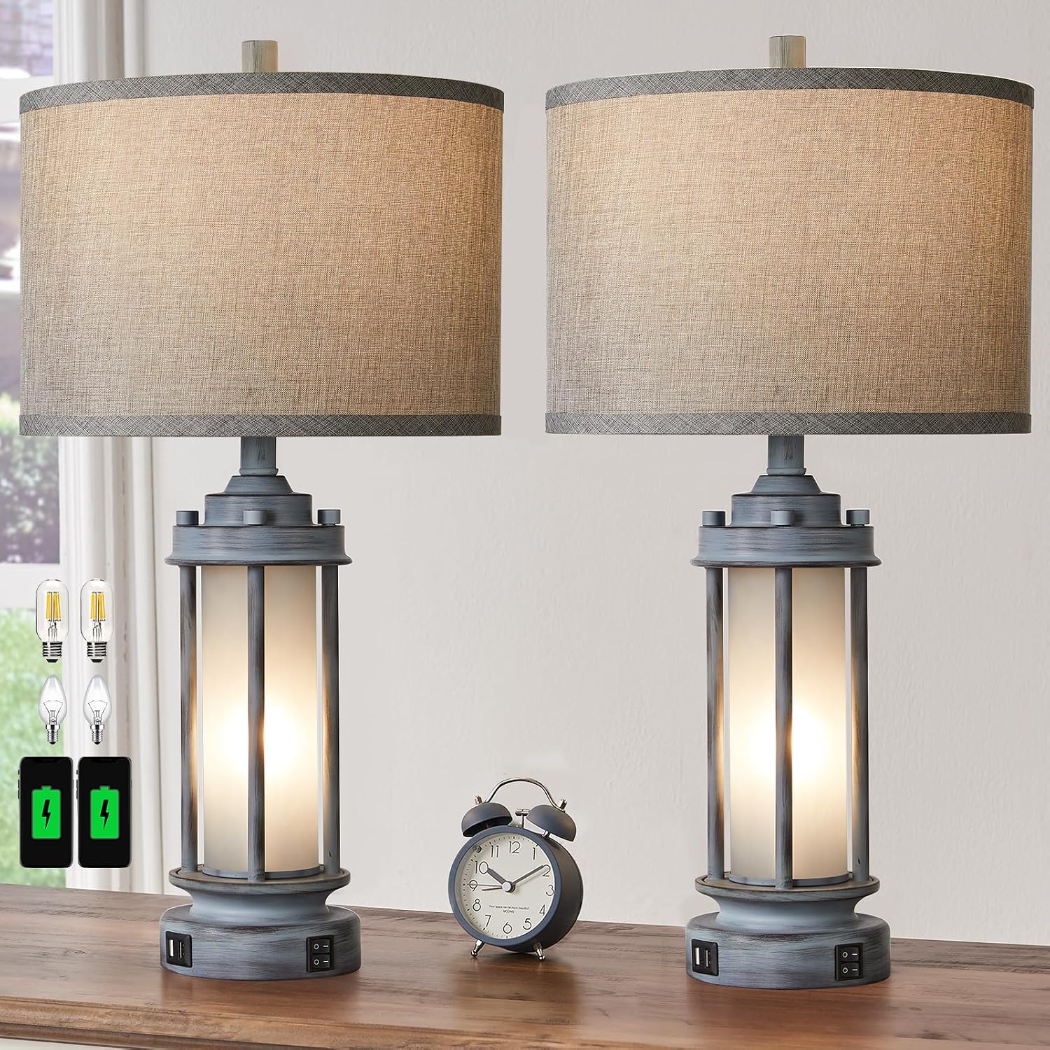 AIEAMPDO Set of 2 Rustic Table Lamps for Living Room, Farmhouse Vintage Nightstand Lamp with 2 USB Ports, Antique Retro Light Green Glass Night Light for Bedroom Entryway, 4 Bulbs Included