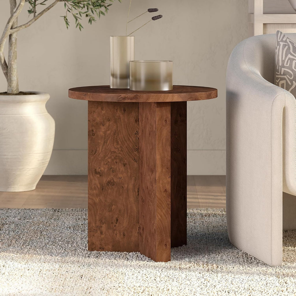 Henn&Hart 20' Scandinavian Round Wooden End Table, Side Table, Nightstand with X-Base for Living Room, Office, Family Room, or Bedroom, Chestnut Burl