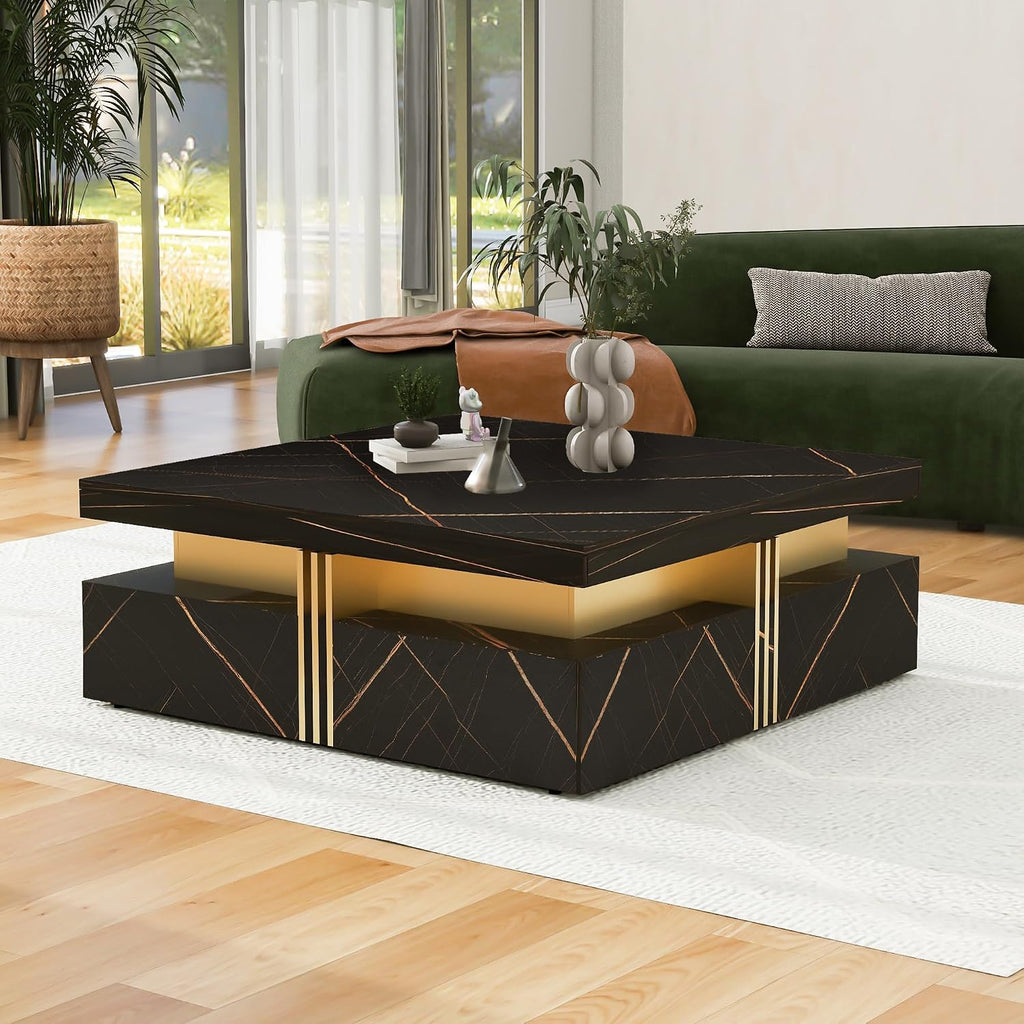 Merax Modern White and Gold Square Coffee Table with 4 Drawers, Ample Hidden Storage, Durable MDF Construction, Sleek Accent End Table for Living Room, Lounge, and Apartment Decor, Black