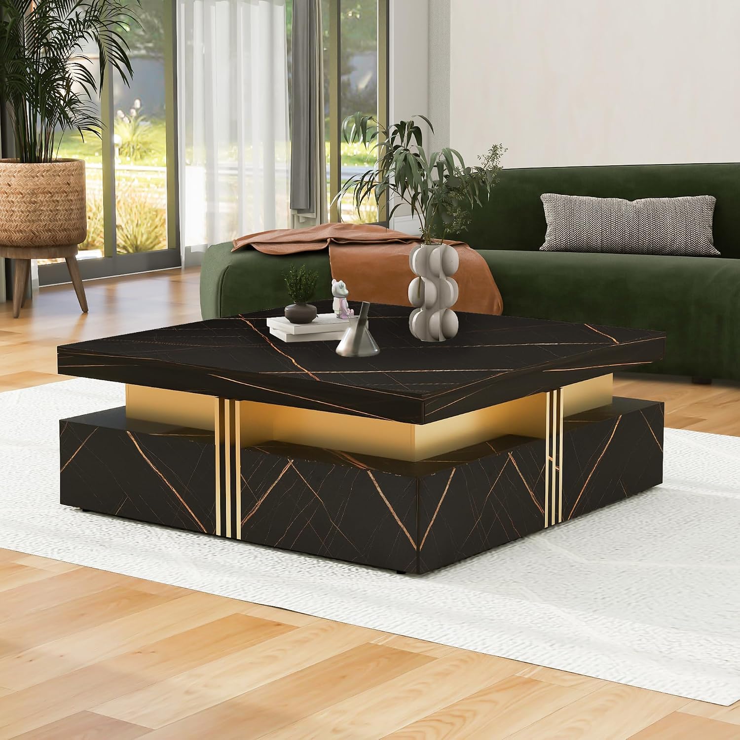 Merax Modern White and Gold Square Coffee Table with 4 Drawers, Ample Hidden Storage, Durable MDF Construction, Sleek Accent End Table for Living Room, Lounge, and Apartment Decor, Black