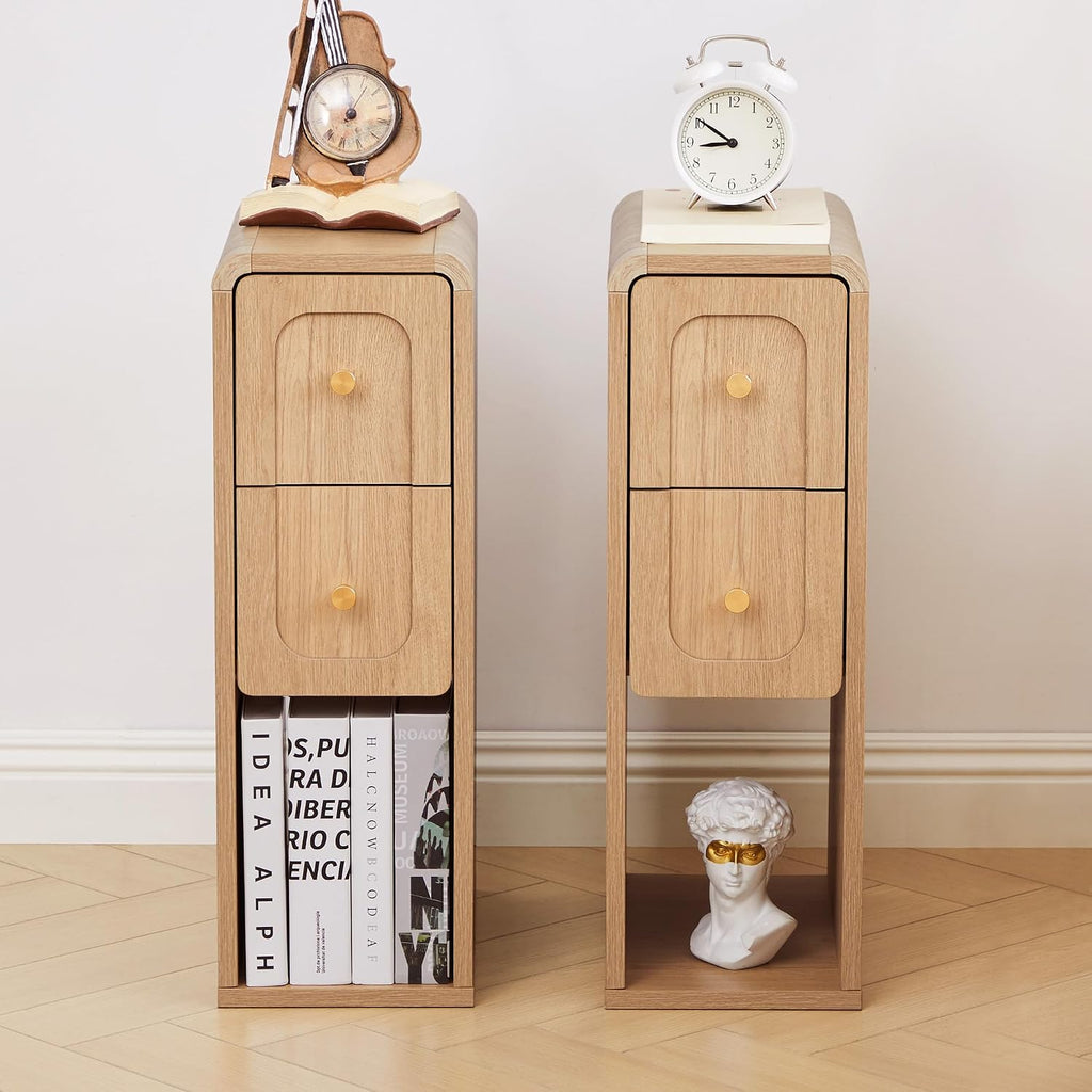 Small Nightstand Set of 2, Wooden Narrow Nightstands with 2 Drawers, Vintage Side End Table for Small Spaces, Skinny Night Stand, Bedside Table for Bedroom, Living Room (Natural-2PCS)