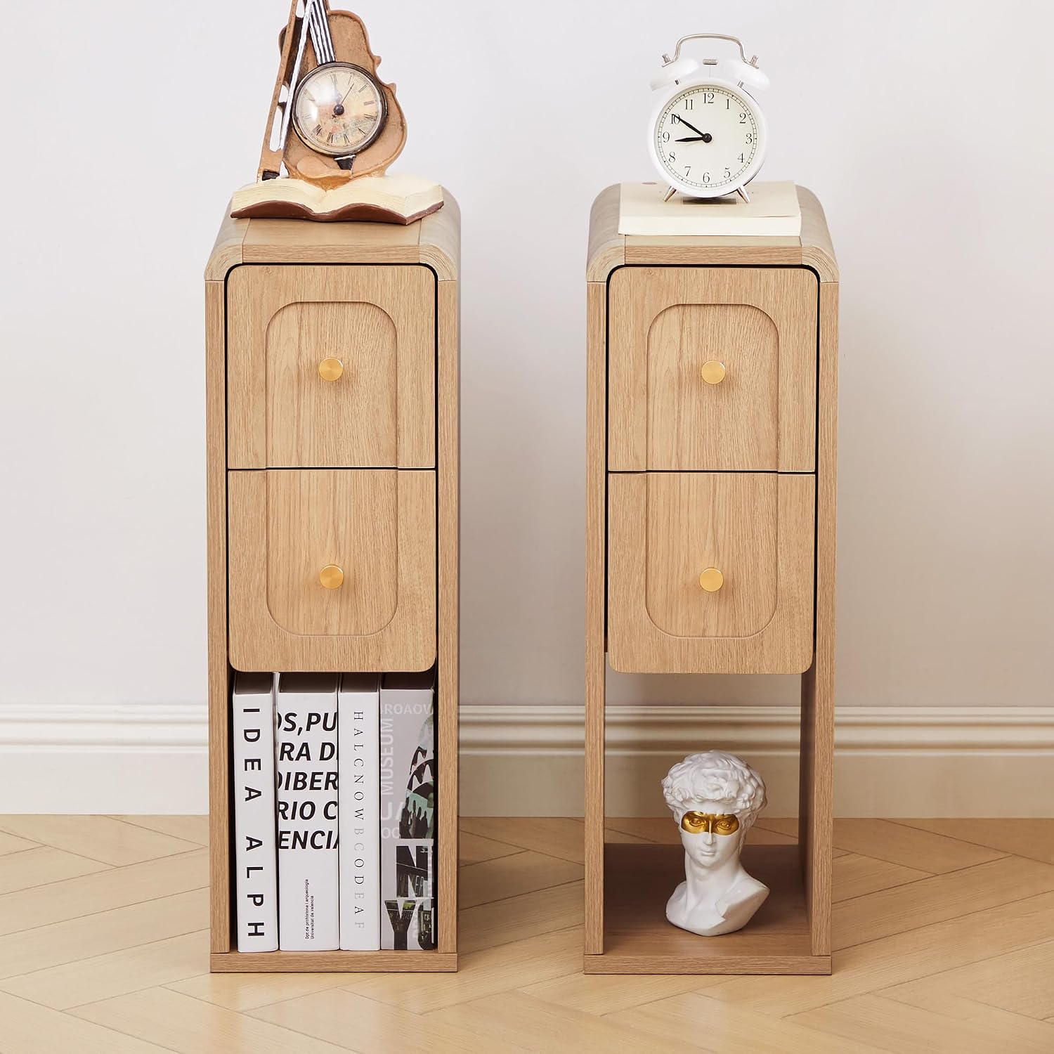 Small Nightstand Set of 2, Wooden Narrow Nightstands with 2 Drawers, Vintage Side End Table for Small Spaces, Skinny Night Stand, Bedside Table for Bedroom, Living Room (Natural-2PCS)