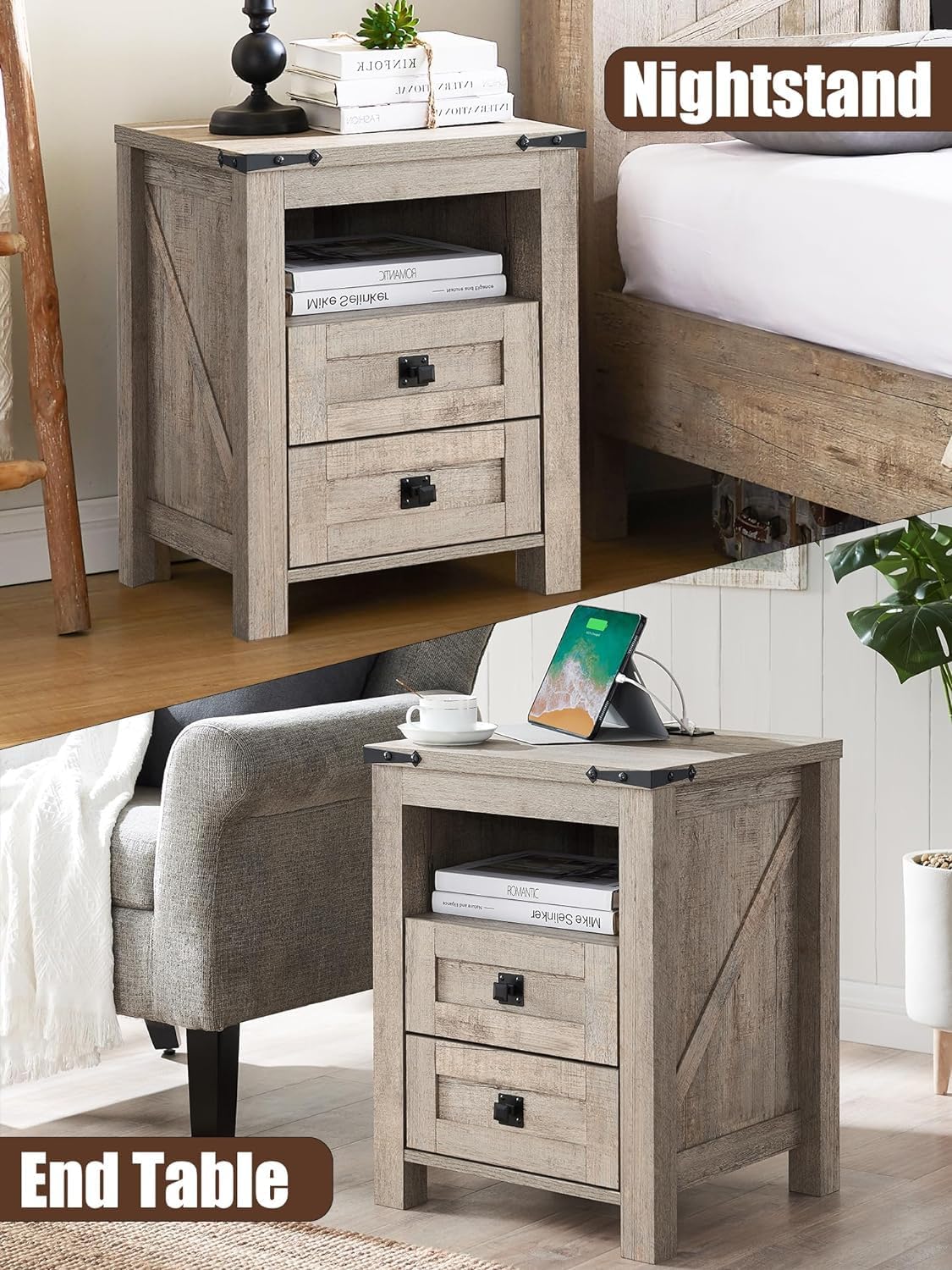 T4TREAM Farmhouse Nightstand Set of 2, Rustic End Table with 2 Drawers, Charging Station, Storage Open Shelf for Bedroom, Living Room, Wood Side Table, Light Rustic Oak