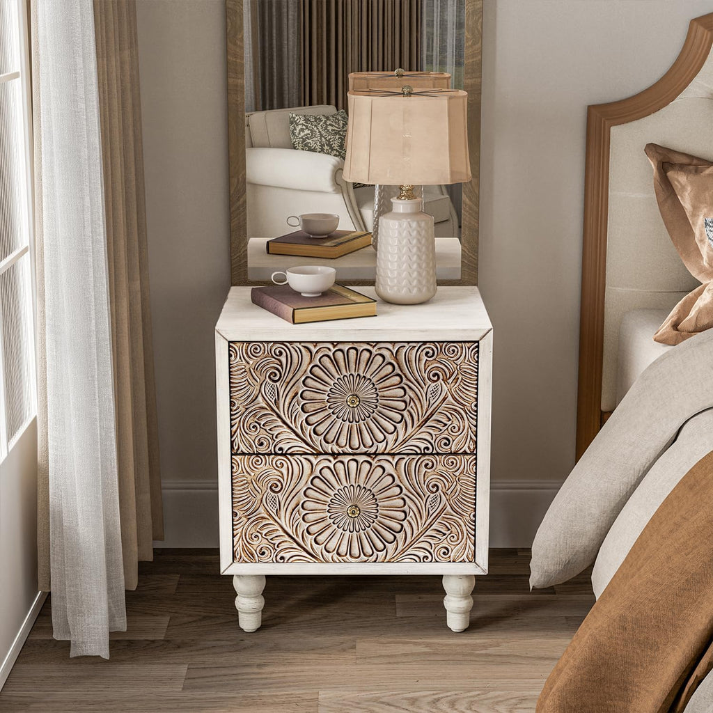 COSIEST Nightstand, 14' D x 18' W x 21.5' H MDF End Table with 2 Drawers, Vintage Style Wood Bedside Table, Bedroom Accessories for Home, Office, College Dorm
