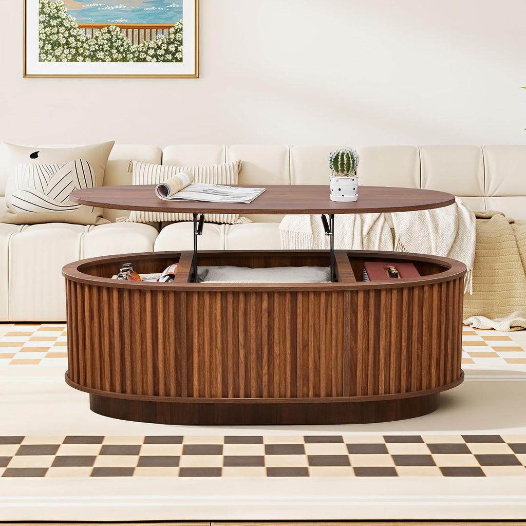 Oval Coffee Table, 43.3'' Fluted Lift Top Coffee Table with Hidden Storage Compartment, Mid Century Modern Dining Table Wooden Center Table for Living Room, Office, Small Spaces (Walnut)