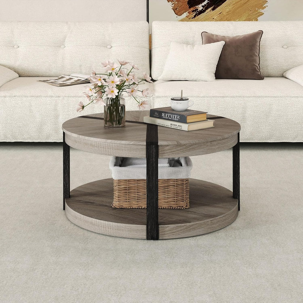 Giantex Round Coffee Table, 34.5' Mid Century Modern Circle Cocktail Accent Table with Open Storage Shelf & Rubber Wood Frame, 2 Tier Center Table for Living Room Reception Room, Grey Oak