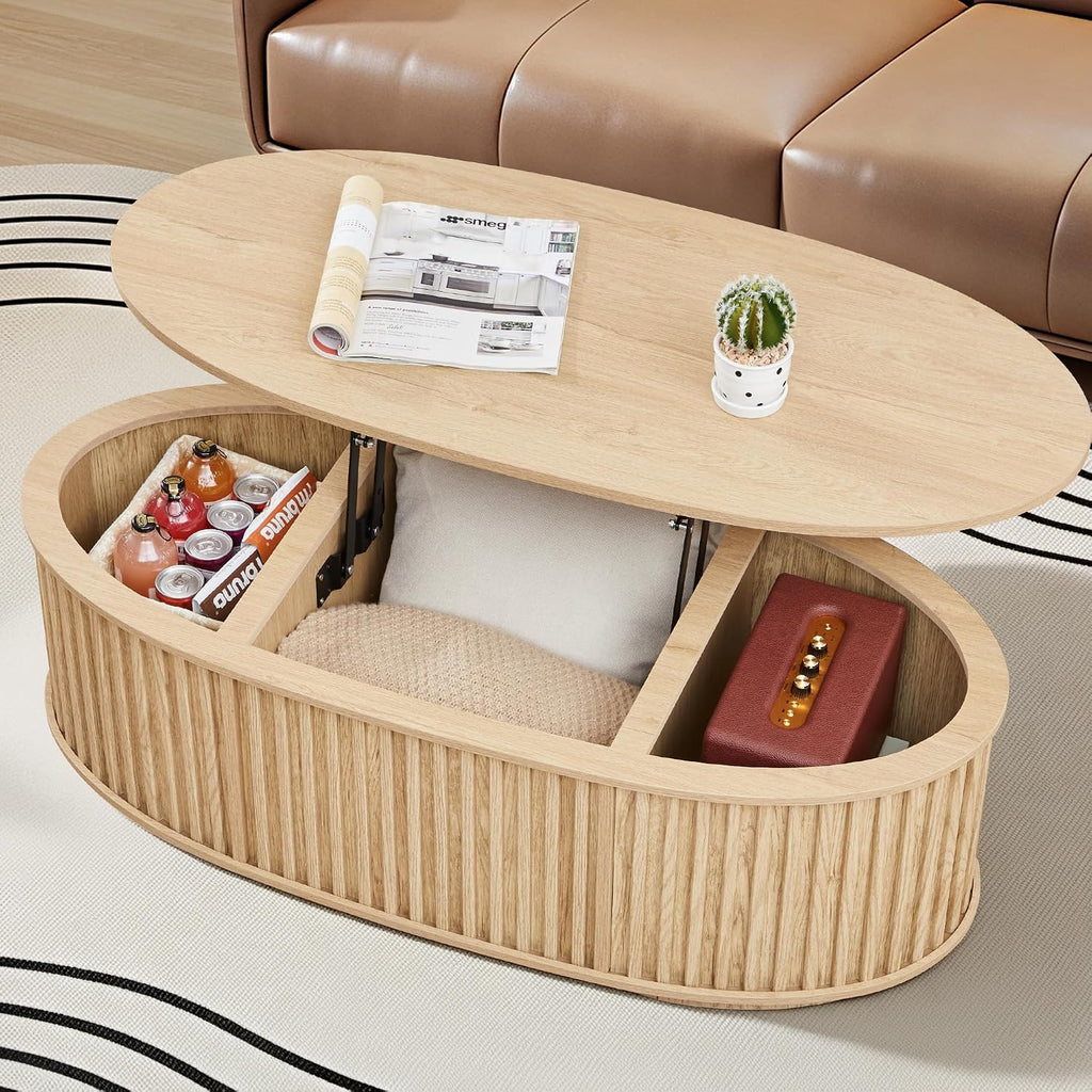 Oval Coffee Table, 43.3'' Fluted Lift Top Coffee Table with Hidden Storage Compartment, Mid Century Modern Dining Table Wooden Center Table for Living Room, Office, Small Spaces (Natural)