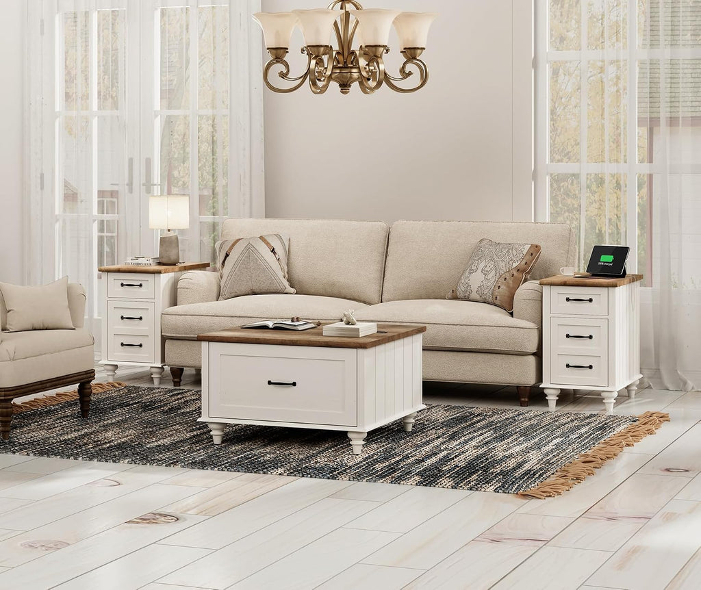 WAMPAT Farmhouse Lift Top Coffee Table with Storage Cabinet, Square Coffee Table with Large Drawer, Wooden Center Table for Living Room, Home, Office, Off White