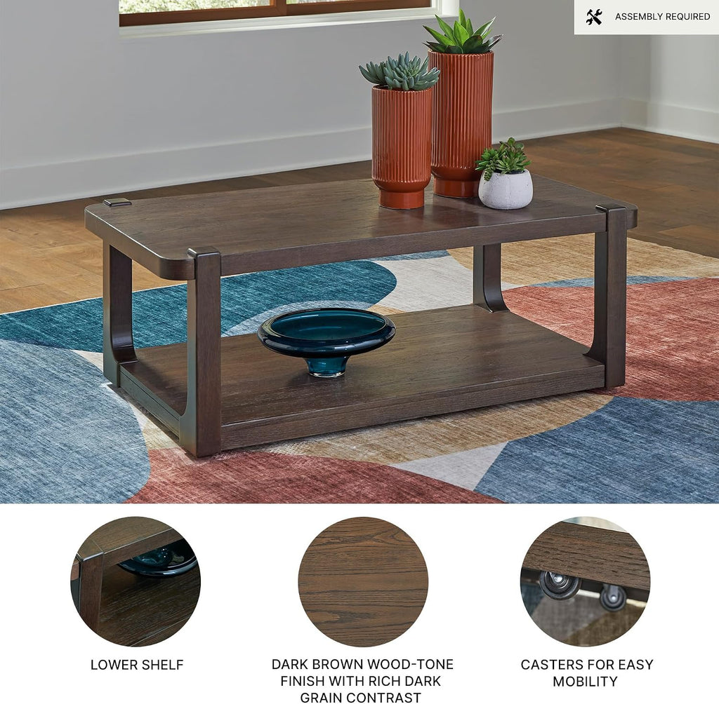 Signature Design by Ashley Breckington Contemporary Coffee Table with Lower Shelf and Casters, Dark Brown