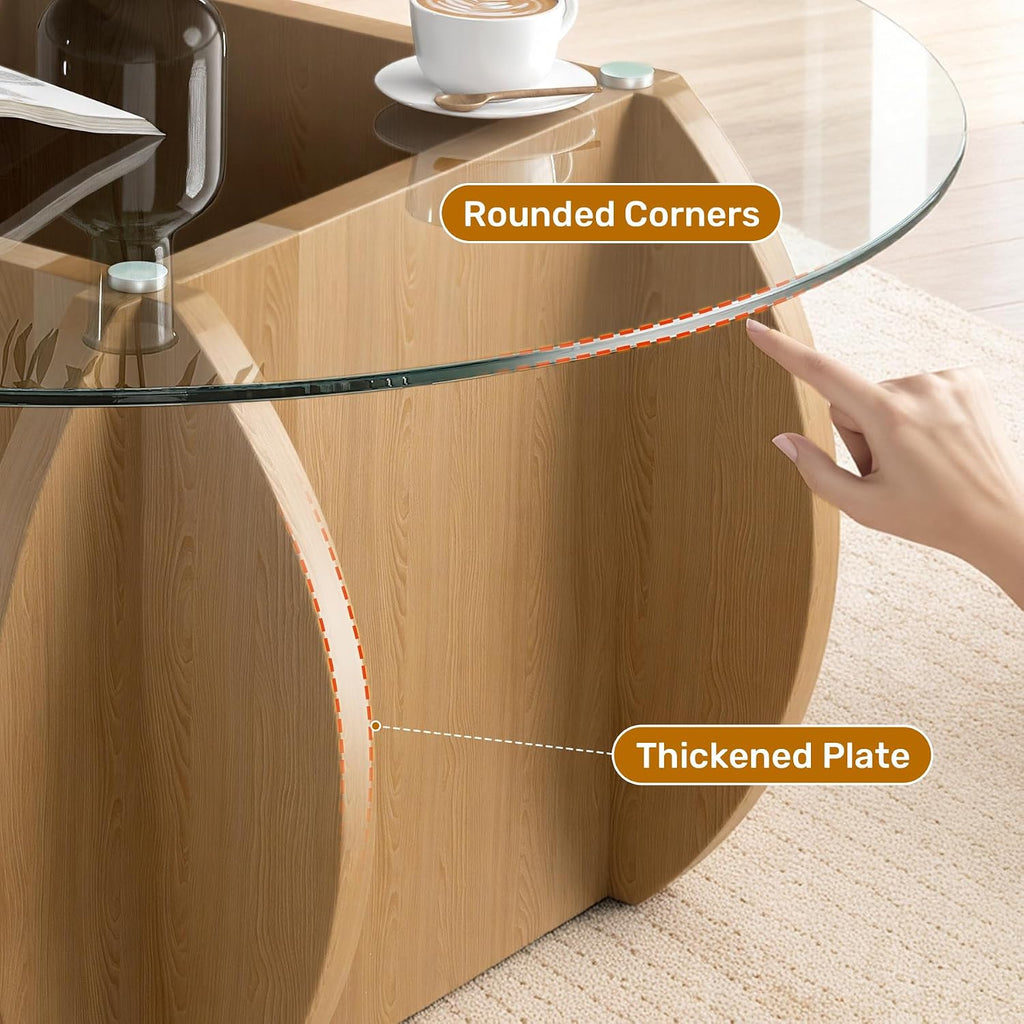 Round Glass Coffee Table, Modern Coffee Table with Glass Top and Wood Base, Minimalist Circle Coffee Table for Living Room, Small Round Coffee Table for Apartment, Office & Lounge, Natural