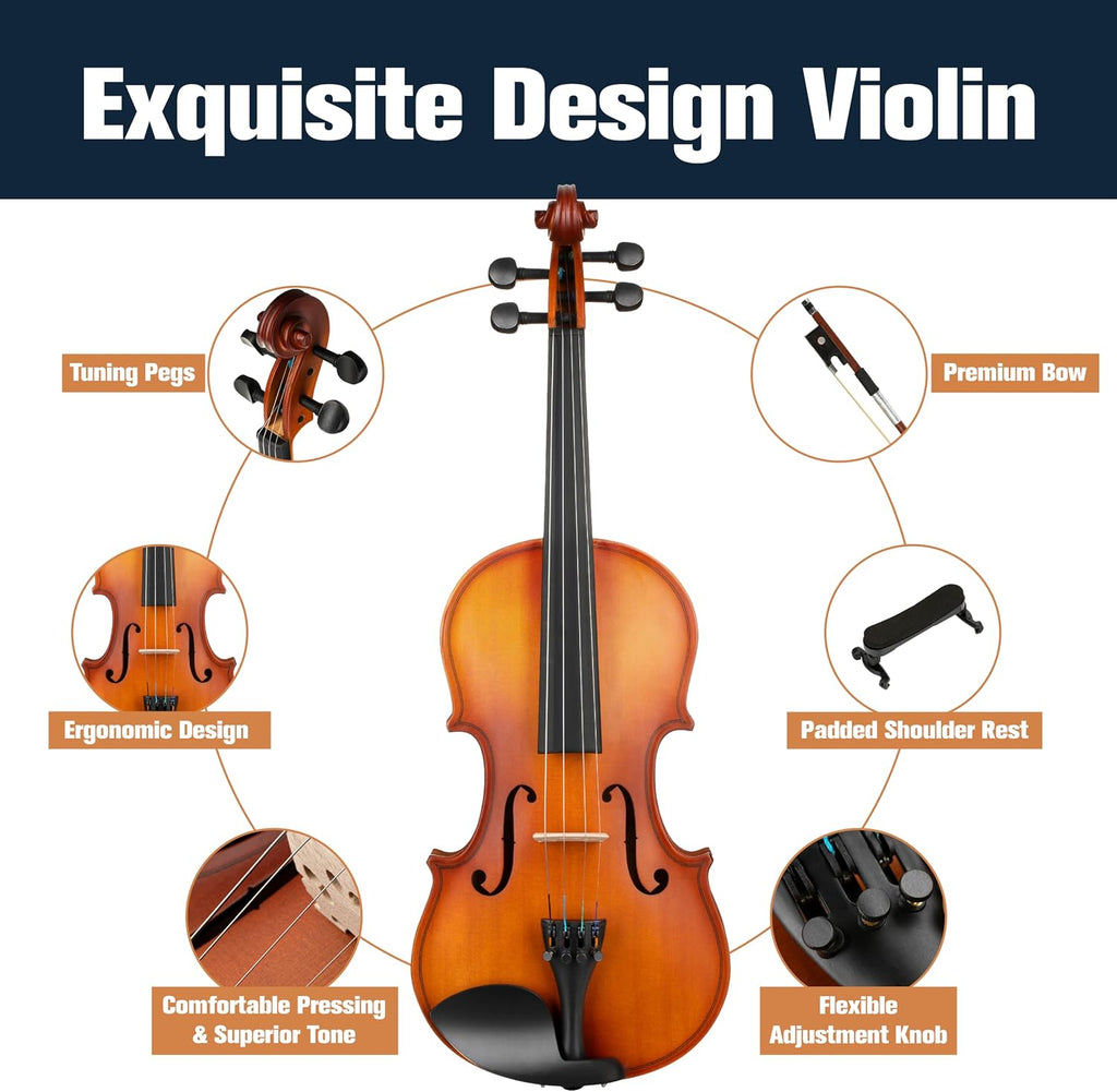 Mendini By Cecilio Violin 4/4 Full Size For Beginners - Fiddle Solidwood Kit with Hard Case - Acoustic Violins with Bow, Rosin, Tuner, Extra Strings & Bridge, Shoulder Rest and Lesson Book