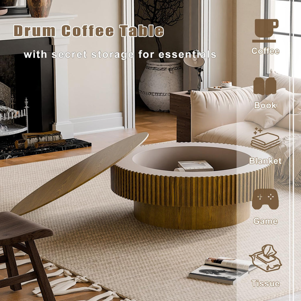 39'' Round Coffee Table with Storage, Modern Wooden Coffee Table with Solid Wood Veneered, Circle Center Table Accent Tea Table for Living Room Apartment Brown