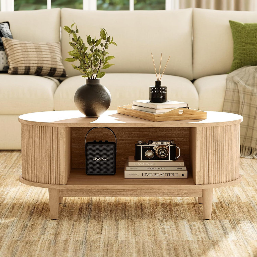 LINSY HOME Oval Coffee Table, Wood Coffee Table with Storage, Fluted Accent Center Table with Sliding Tambour Door, 39' Boho Coffee Tables for Living Room, Bedroom, Apartment, Oak