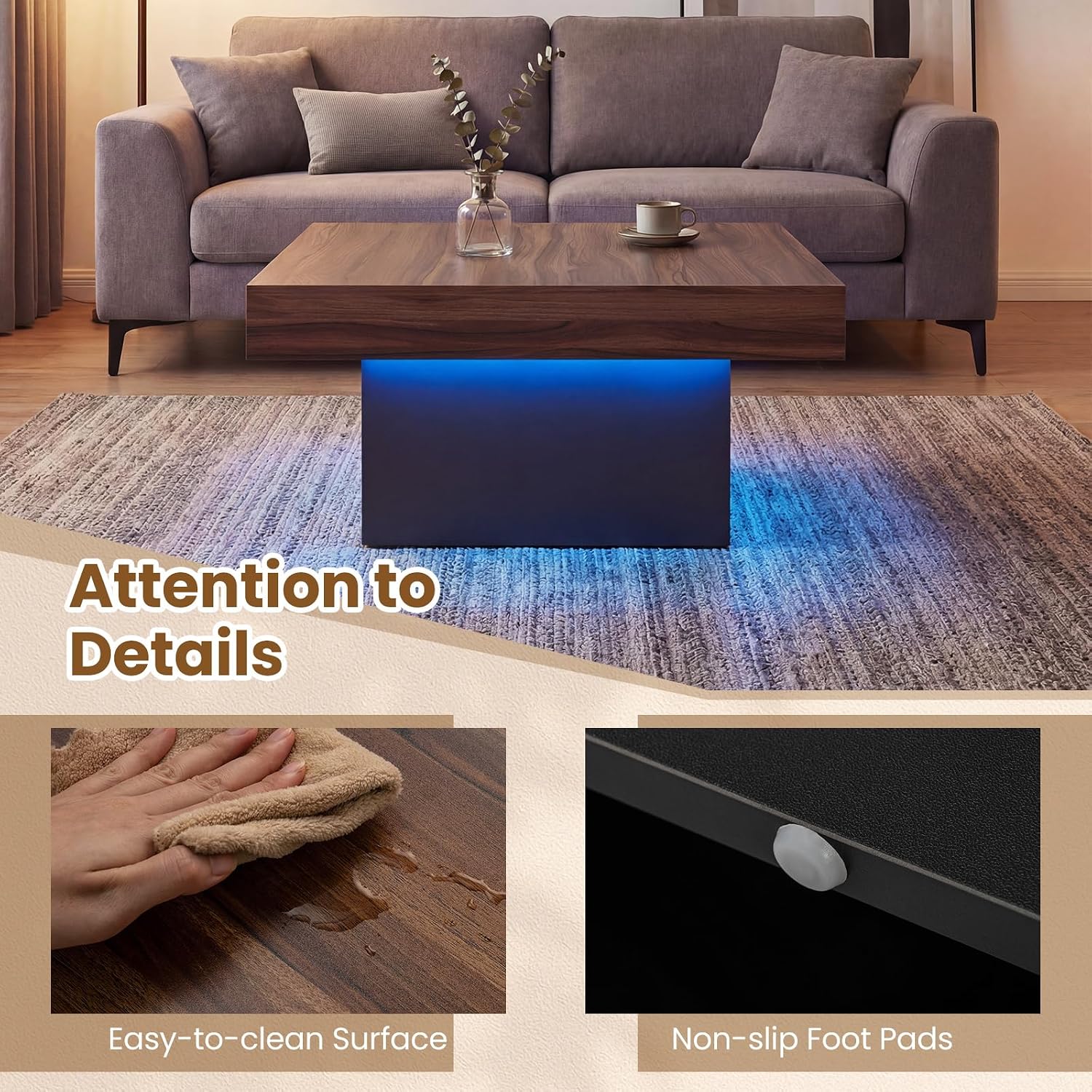 GOFLAME LED Coffee Table for Living Room, 35.5' Square Center Table with Storage, Adjustable Light Colors, Speed & Brightness, Remote Control, Farmhouse, Wooden Accent Tea Tables (Rustic Brown)