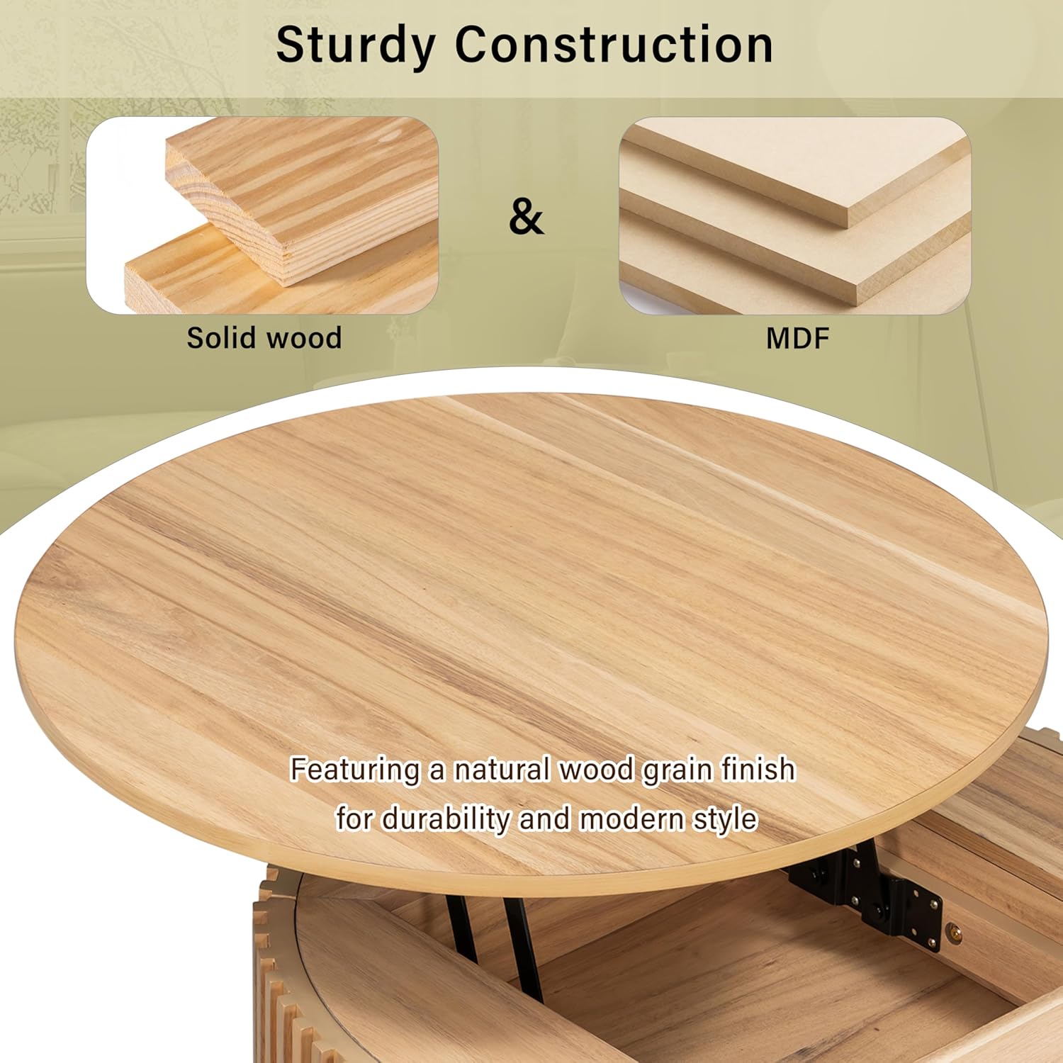 Round Lift Top Coffee Table, 29.8' Modern Fluted Wood Circle Table with Hidden Storage Drawer, Natural Solid Wood & MDF Cylinder Side Table for Living Room Bedroom Small Space