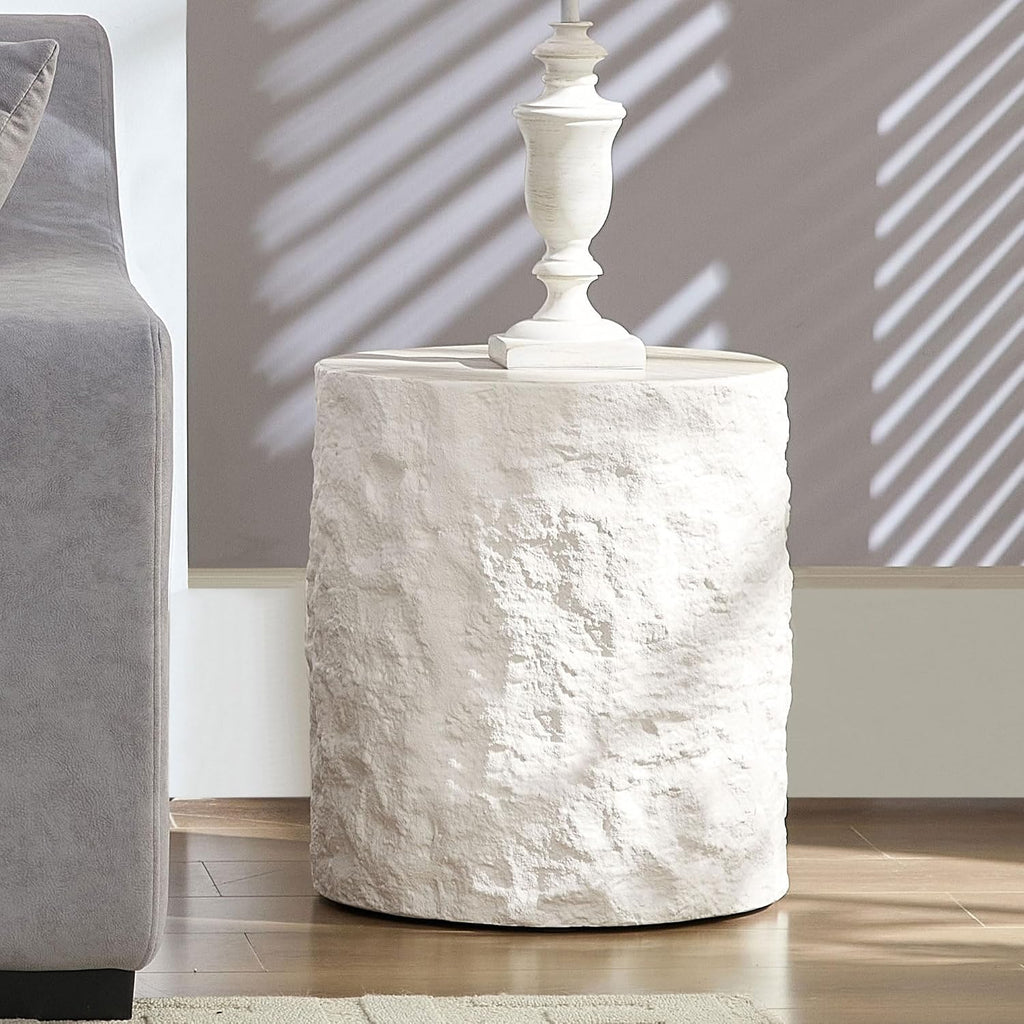 Round Side Table Small Coffee Table for Living Room Circle End Table for Bedroom Apartment, No Need Assembly (Fiberglass 15.75'' Cement Stone Pattern)