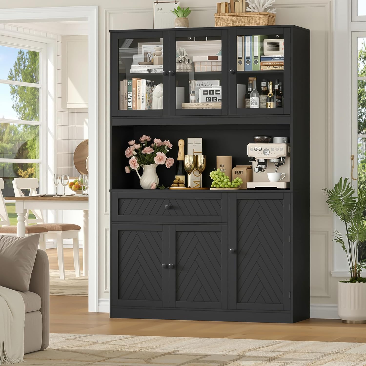 BOTLOG 72' Tall Kitchen Pantry Storage Cabinet, Modern White Kitchen Hutch with Large Storage Drawer, Countertop, Adjustable Shelves, Food Pantry Cabinets for Dining Room, Living Room (Black)