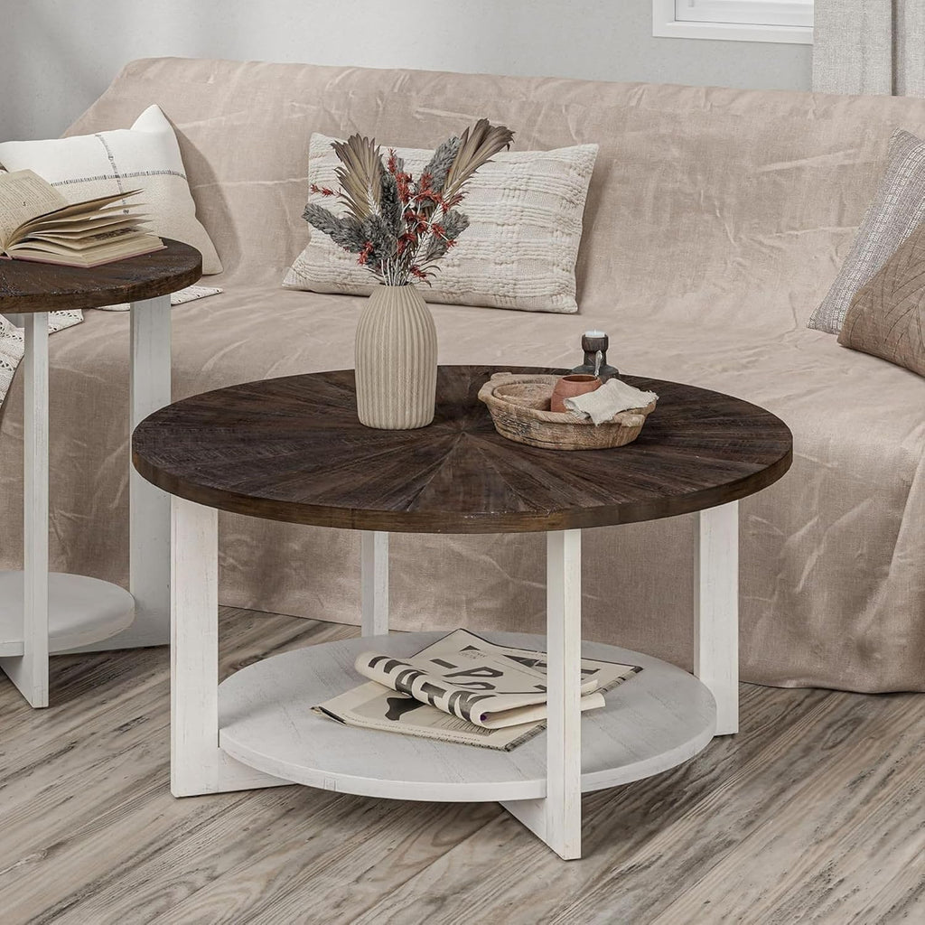 Round Wood Coffee Tables with Storage, Rustic Farmhouse Coffee Table with Distressed Wood Top, Large Circle Table for Living Room, Brown, 32Dx32Wx19.5H in