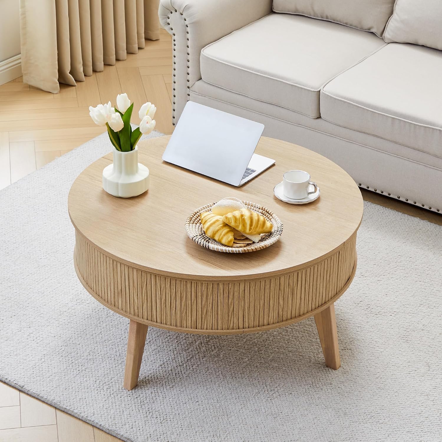 Round Lift Top Coffee Table with Storage, 35.4'' Fluted Wood Center Table Mid Century Modern Coffee Table with Lifting Top for Living Room, Office, Small Space (Natural)