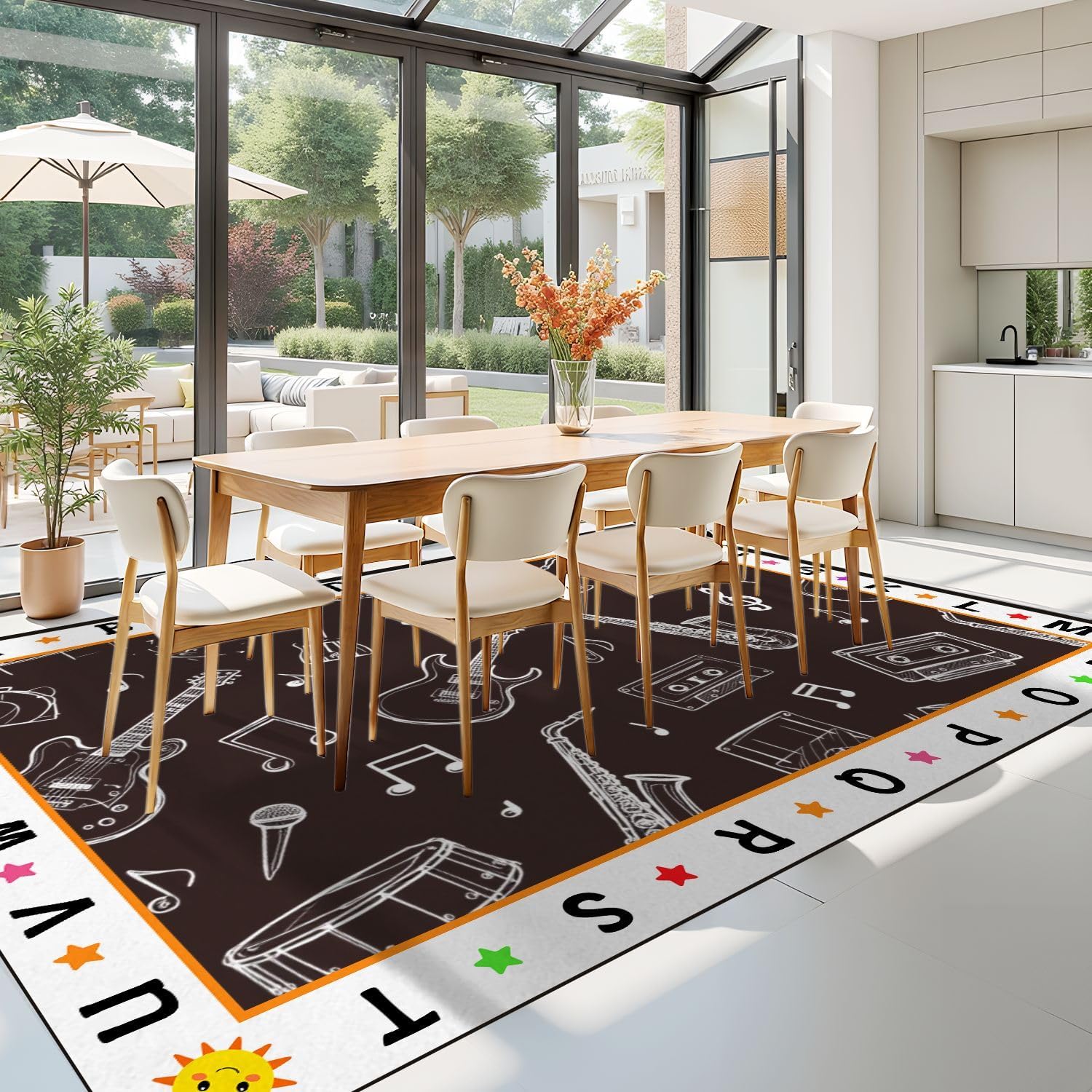 10x14 Kids Learning Rug Washable Area Rugs Seamless Musical Instruments Doodle Style Alphabet ABC Learning Carpet Soft Rubber Backed Non-Slip Carpets for Classroom Preschool Nursery
