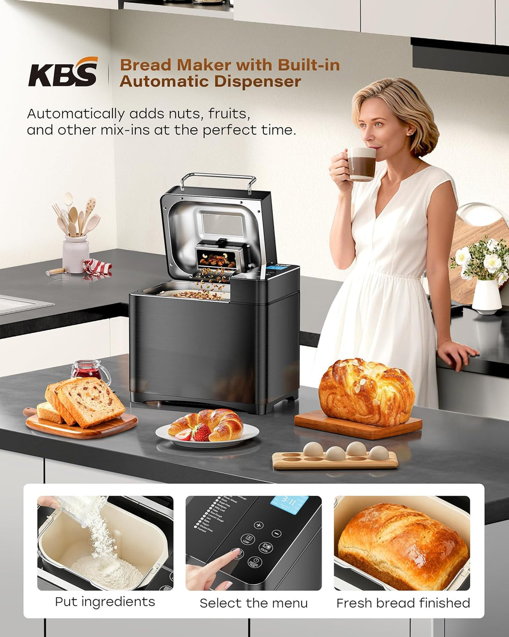 KBS Premium 2LB Convection Bread Maker Dual Heaters, 710W Stainless Steel 17-in-1 Bread Machine Healthy Ceramic Pan, Nut Dispenser,Touch Panel, 3 Loaf Sizes 3 Crust Colors, 15H Timer,Low Noise,Recipes